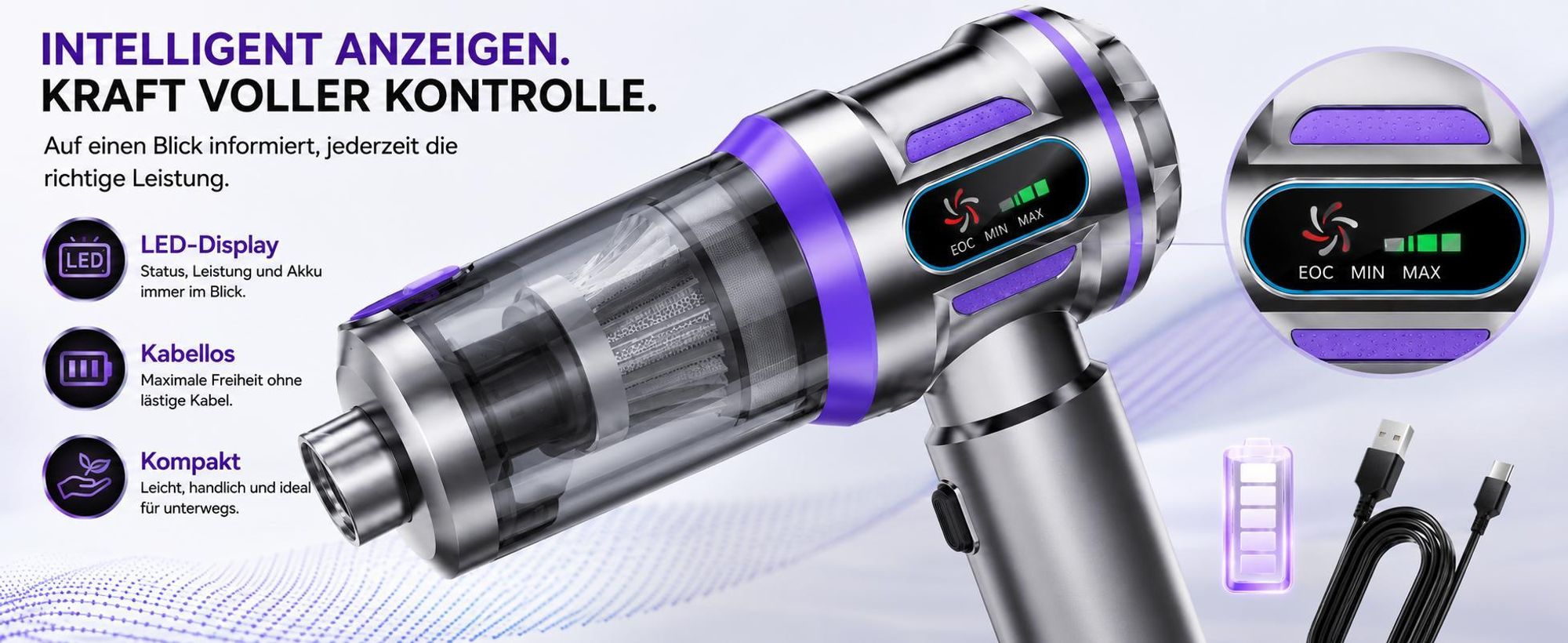27000Pa/120W Handstaubsauger Akku Kabellos, Upgrade Beutelloser Mini Auto Staubsauger, 4-in-1 Handsauger mit HEPA Filter & 3Stufen,für Auto & Haushalt