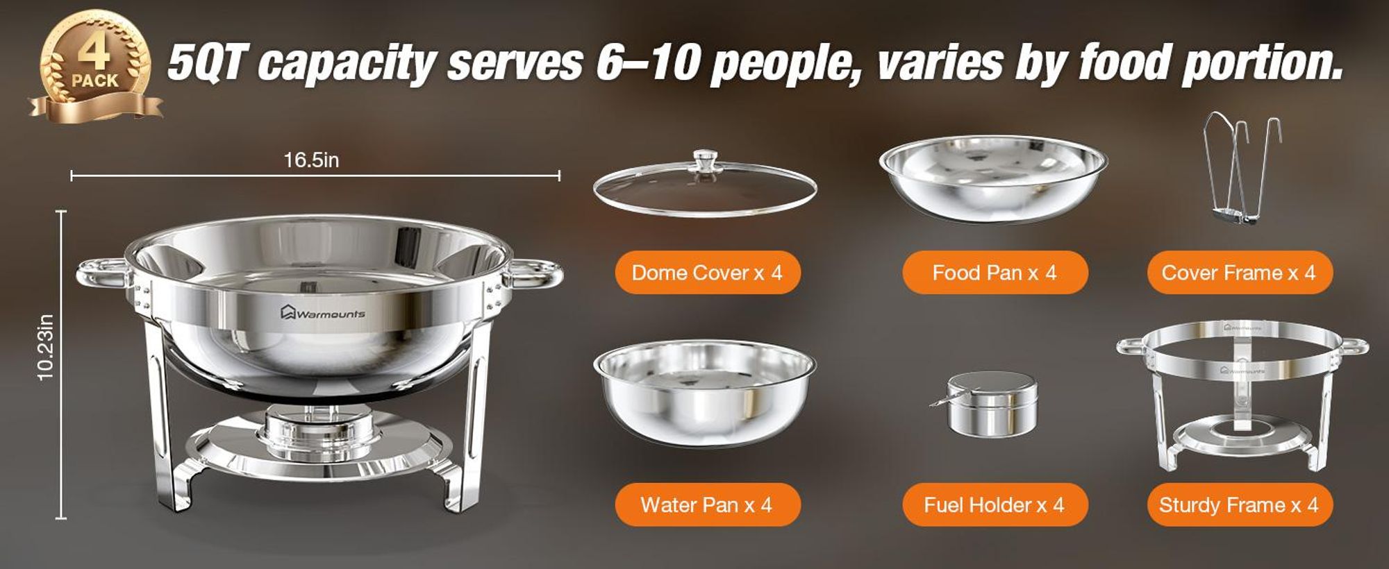 Warmounts 4er-Set Runde Chafing Dishes Buffetwärmer 4,7L mit Glasdeckel, Edelstahl poliert, Stapelbar, Deckelhalter, Speisenwärmer für Party