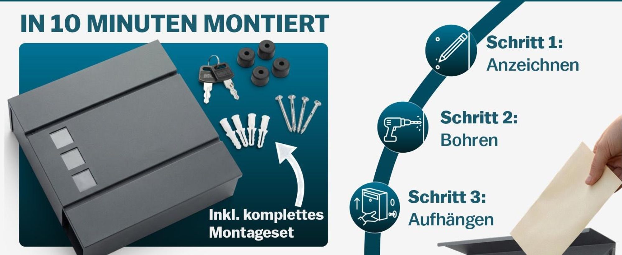 MONZANA® XXL Briefkasten Postkasten mit Zeitungsfach Sichtfenster abschließbar 2 Schlüssel Montagematerial Stahl modern einfache Montage Zeitungsrolle Wandbriefkasten Anthrazit