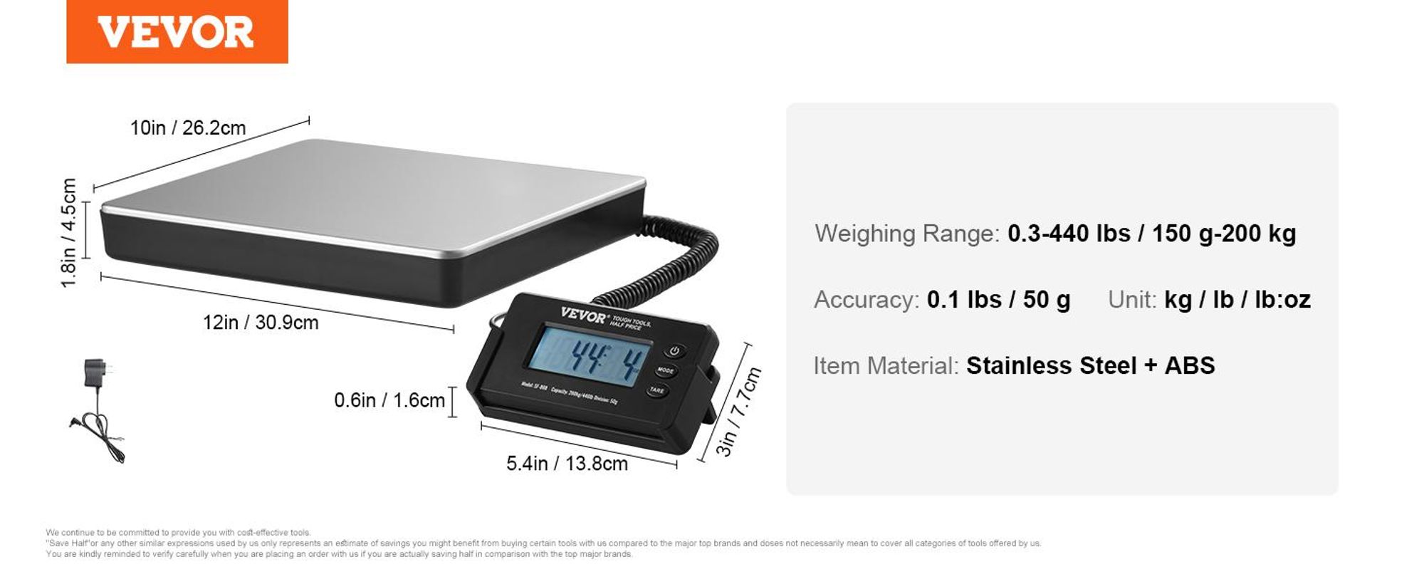 VEVOR Plattformwaage 150g-200kg Paketwaage 50g Genauigkeit Digitalwaage kg/lbs/lbs:oz Zählwaage 309x262x45mm ABS Edelstahl Tara-Funktionen AC/DC-Netzteil Industriewaage Briefwaage Waage