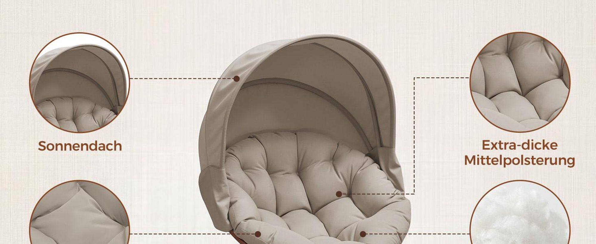 COMHOMA Papasansessel, gemütlicher Drehsessel mit Kissen rund, bequemer Rattansessel, Loungesessel drehbar, runder Relax Korbsessel Rattan, BRAUN