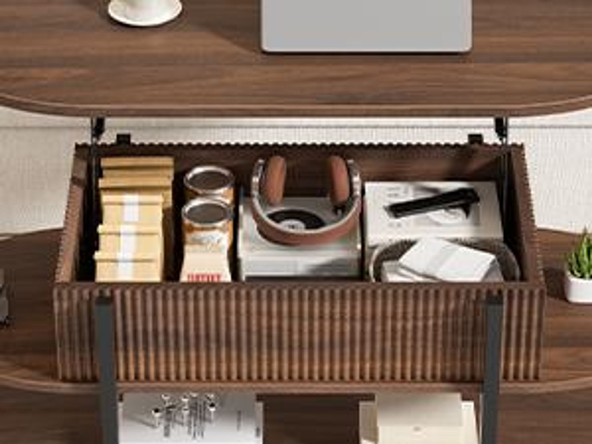 FABATO höhenverstellbare Konstruktion, dreistöckiges Design, versteckter Stauraum und edle Nussbaum-Optik,Moderner ovaler Couchtisch von