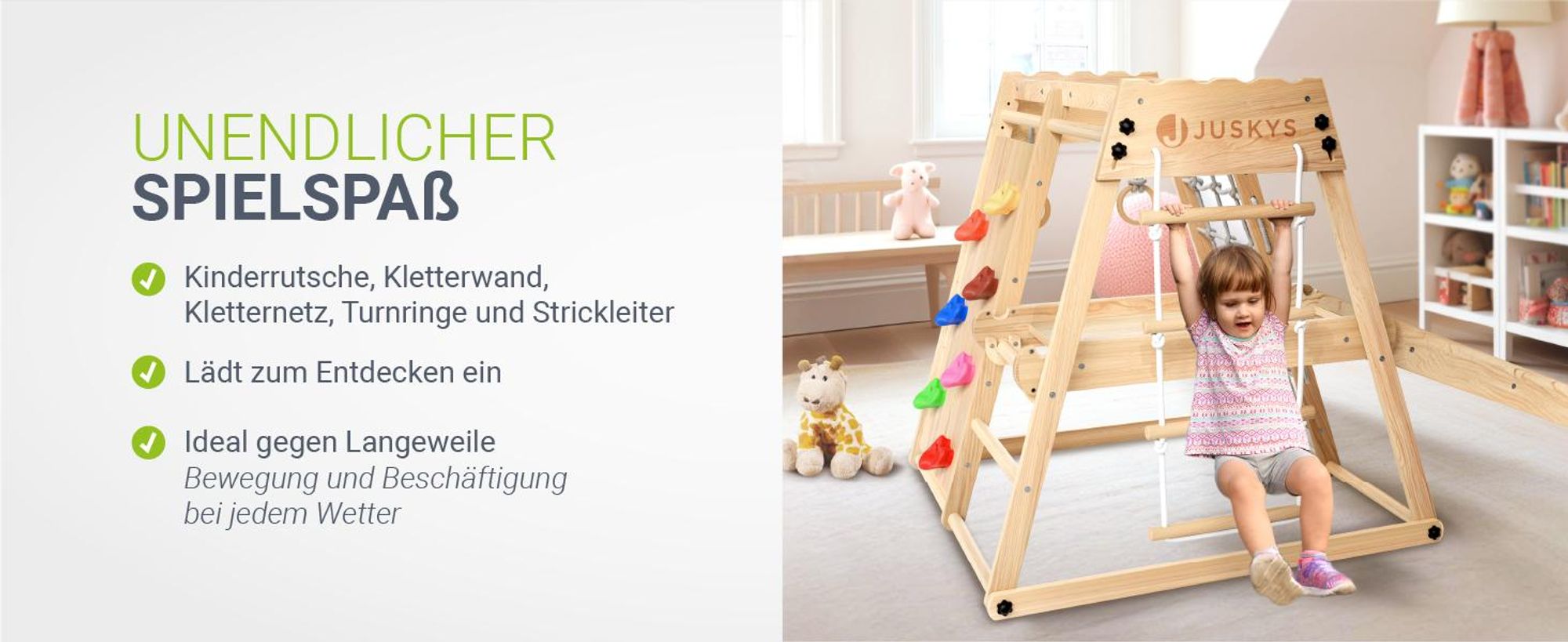 Juskys Mini Klettergerüst für Kinder - Rutsche, Kletterwand & Turnringe - Natur