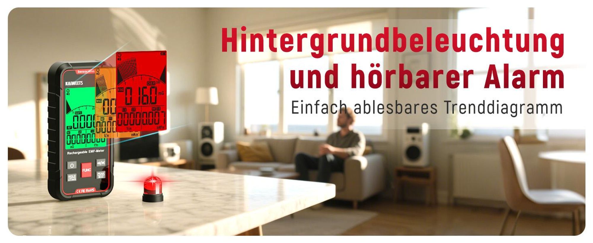 KAIWEETS EMF Messgerät 3-in-1, EF/MF/RF Strahlungstester, LCD, Typ-C Akku