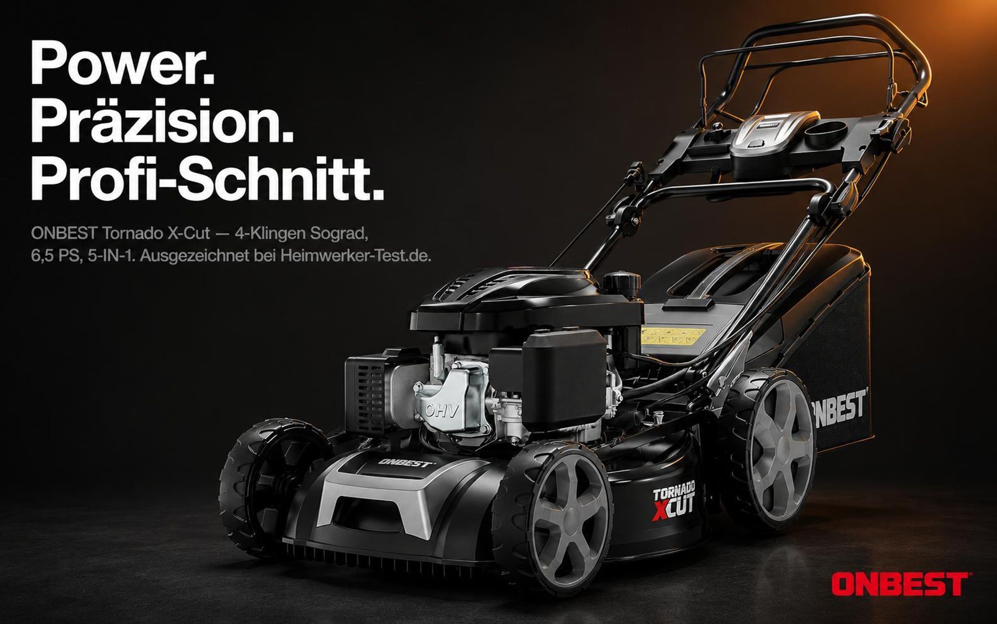 ONBEST Rasenmäher Benzin mit Antrieb TXC-3653E | 53 cm Schnittbreite | Elektrostart | 6,5 PS | Doppelmesser mit Sograd