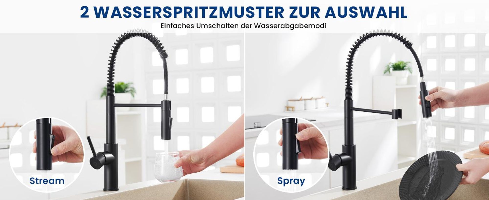 Wasserhahn Küche Spiralfederarmatur, 2 Strahlarten Spültischarmatur Schwarz, 360° Drehbar 304 Edelstahl Küchenarmatur Cecipa, Einhandmischer