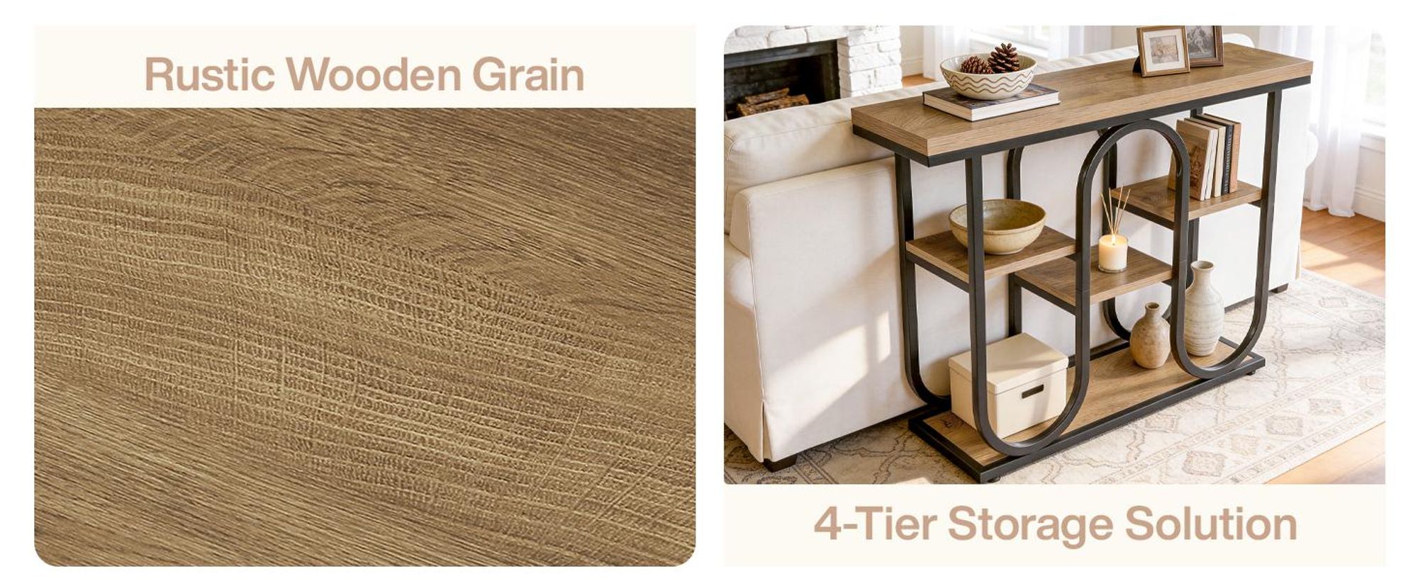 Tribesigns 105 cm Industrie Konsolentisch, rustikaler 4-stufiger Eingangstisch mit offenen Regalen und Metallgestell, moderner Sofatisch für kleine Rä