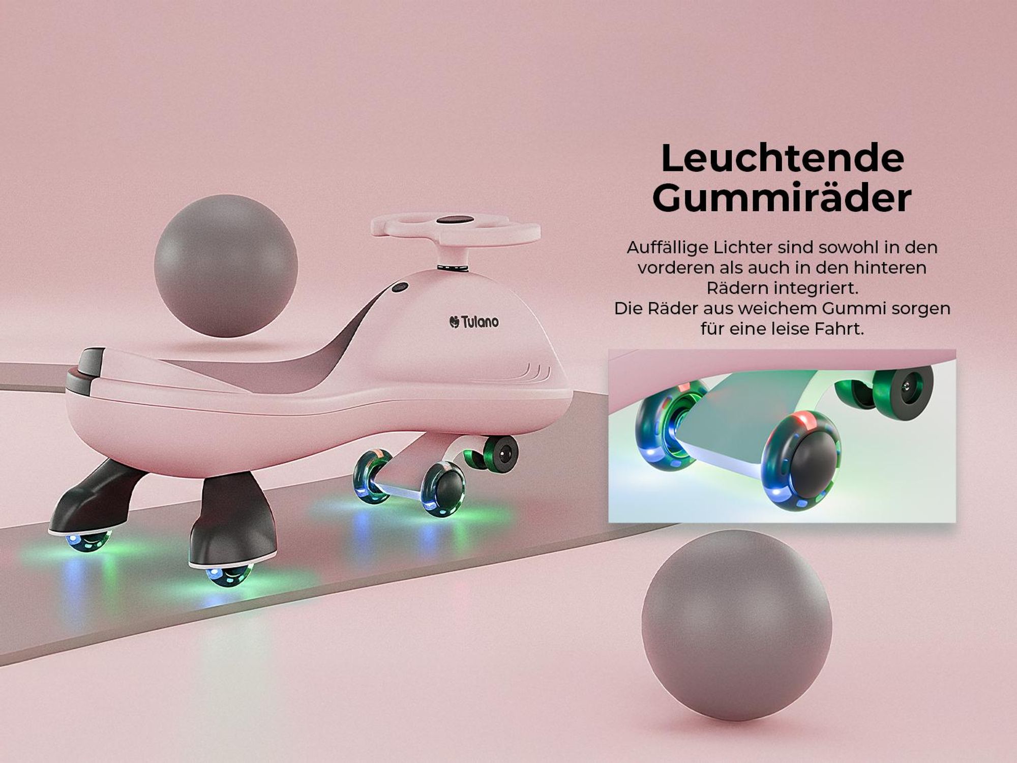 Rutschauto für Kinder Tulano Focus 35 Pink - Kinderfahrzeug ab 3 Jahren – Schwerkraftantrieb, LED-Räder, bis 100 kg - Auto Swing Car Rutscher