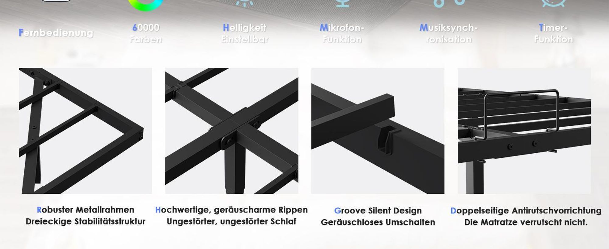 DEWINNER 180 x 200 cm Bettgestell (inkl. Metall-Bettbrett), schwebendes Doppelbett mit LED-Beleuchtung, stabiles Metall-Bettbrett, 20 cm Stauraum
