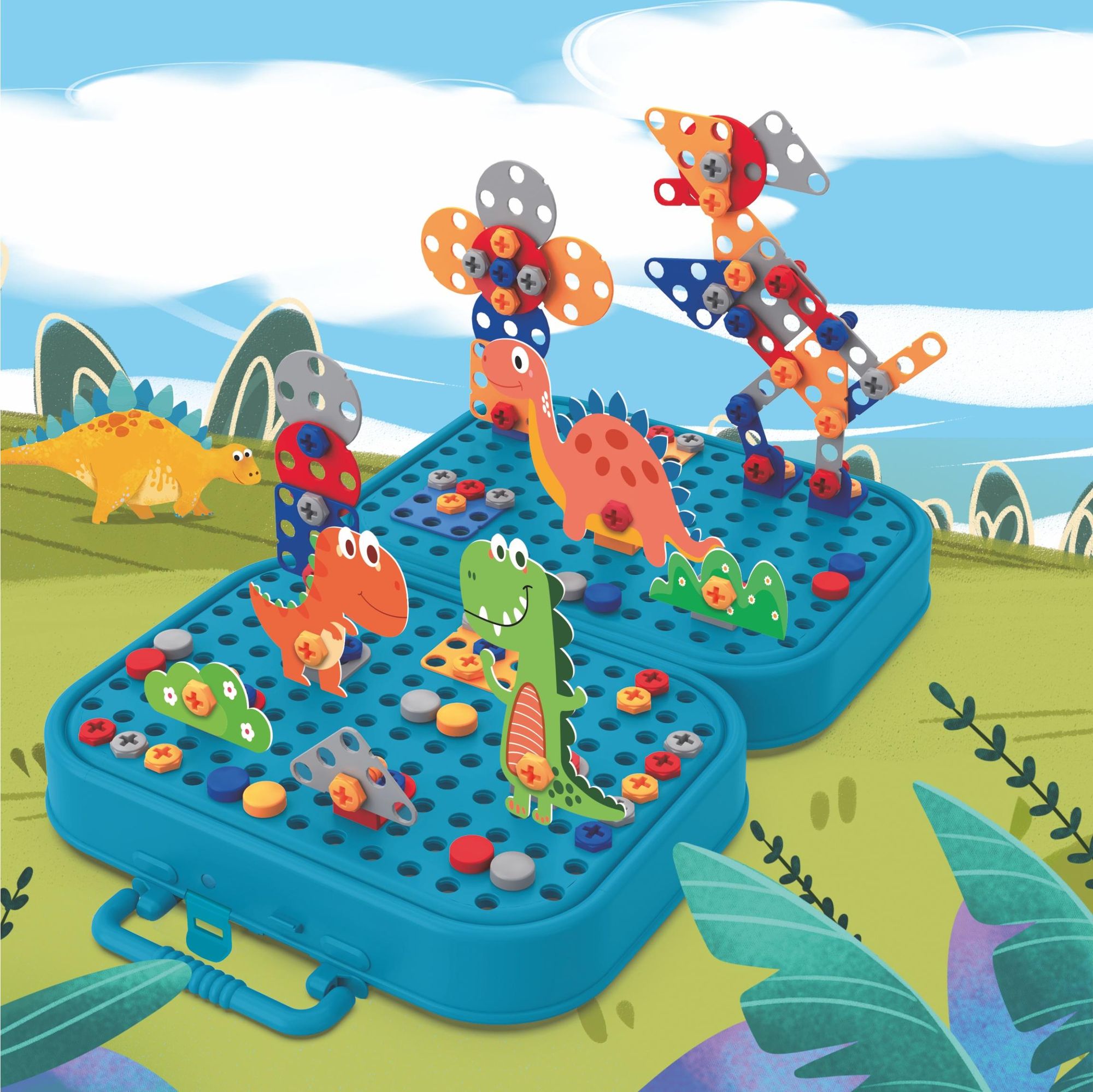 Dinosaurier Konstruktionsspielzeug 228 Teile, Montessori Werkzeugkasten mit Elektroschrauber, 3D Mosaik Steckspiel ab 3 Jahren, EVI TOYS