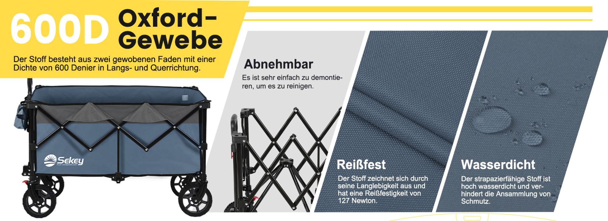 Sekey XXL 200KG Belastbar Bollerwagen Faltbar mit Spanngurte, 17x4 cm Reifen, Blau und Grau