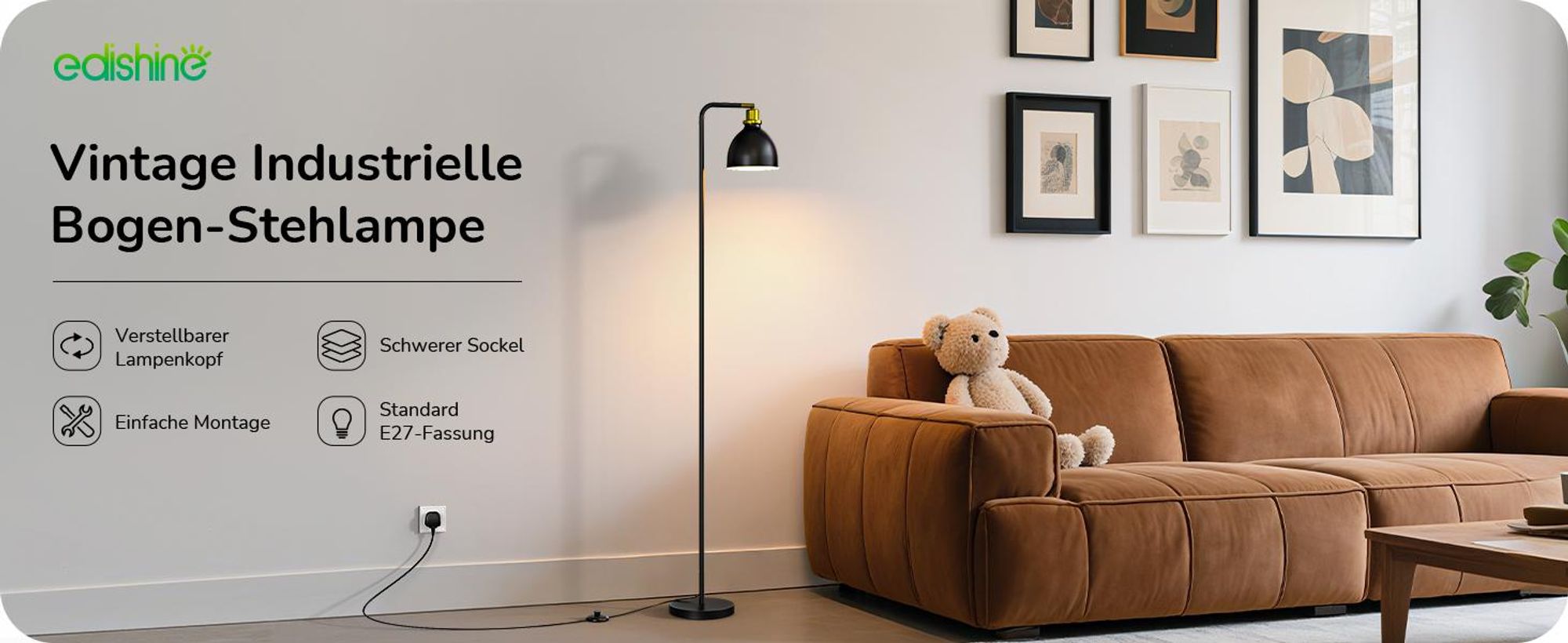 EDISHINE Stehlampe Schwarz, Retro Stehleuchte inkl. LED Leuchtmittel, Verstellbarer Kopf, mit Metall Lampenschirm, Leselampe für Wohnzimmer & Büro