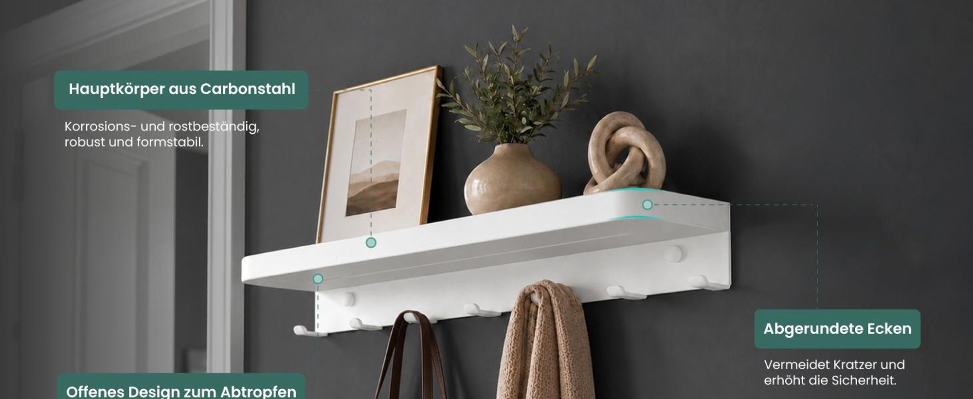 Mai & Mai Wandgarderobe mit Ablage, Garderobenleiste Inkl.7 Garderobenhaken Weiß 50cm, Reglo-20