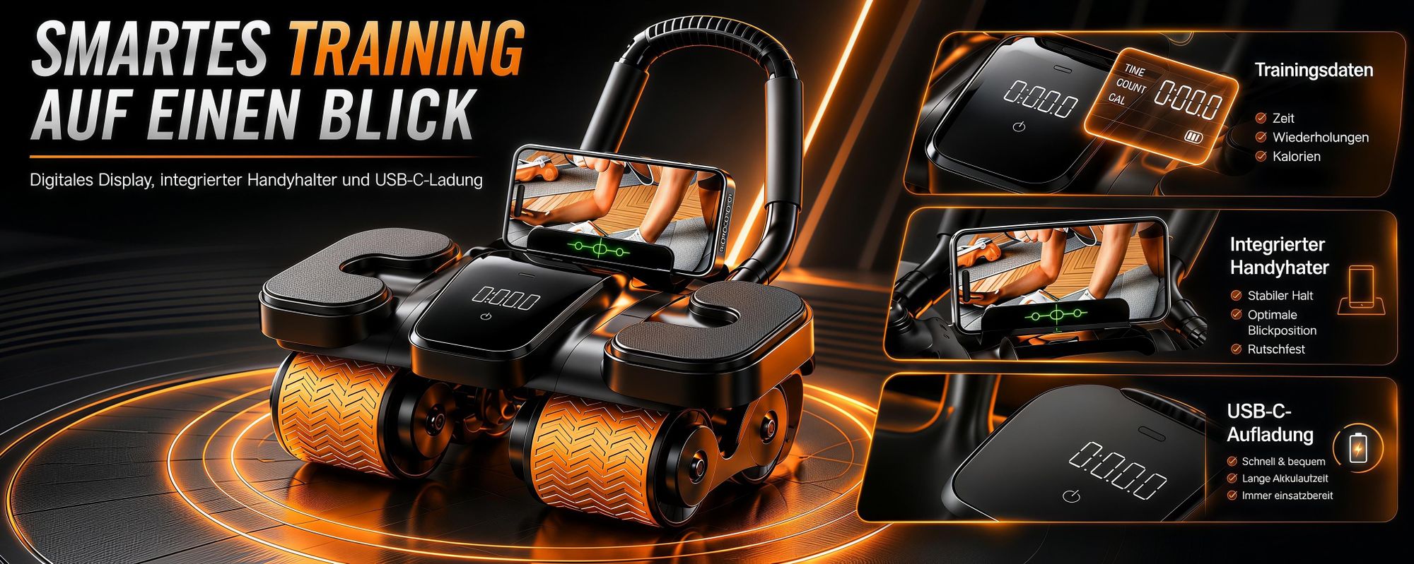 4-rädriger automatischer Rückfederung Bauchtrainer,Ab Roller Wheel mit LCD-Display, Intelligenz zählen, bauchtrainer elektrisch mit Ellbogenstütze
