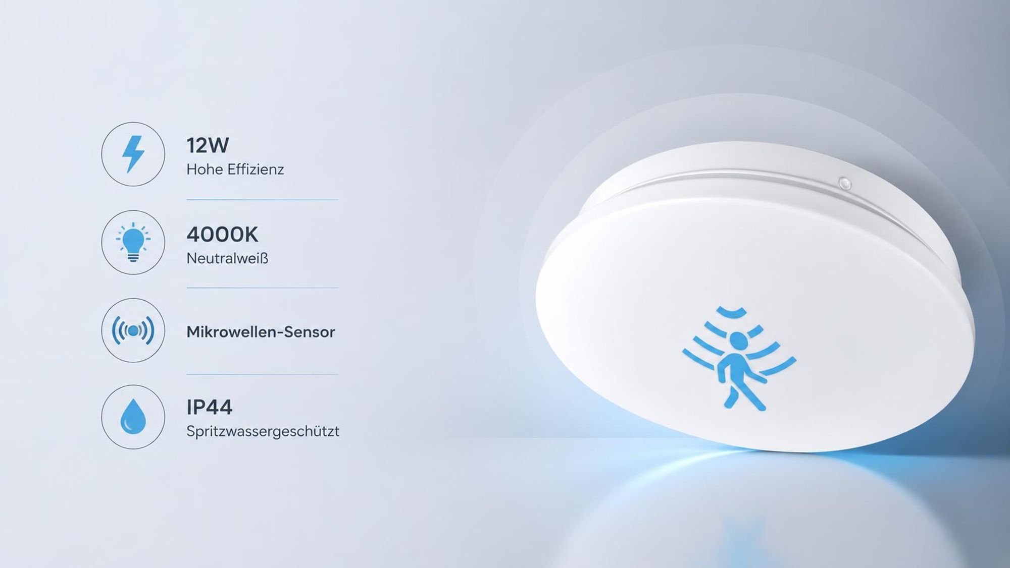 MasterLED LED Deckenlampe mit Sensor IP44 Wasserfest Badleuchte Flur Wandlampe 12W 4000K Neutralweiß Rund 25cm
