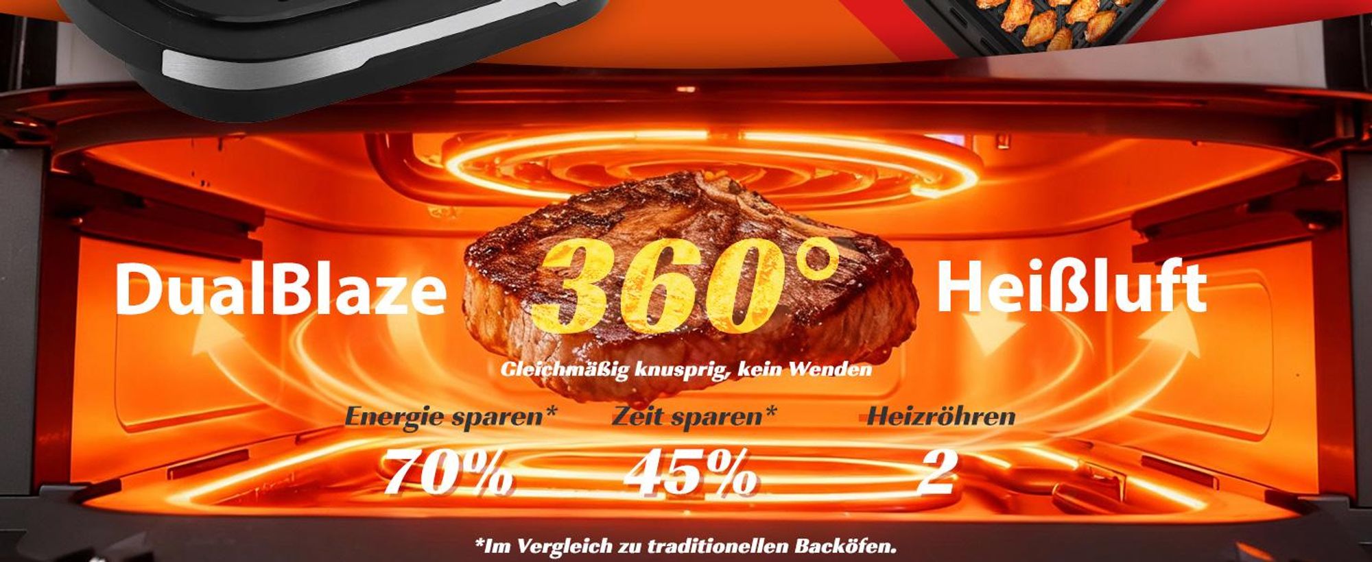 Aigostar Heißluftfritteuse XL 745 cm² Garfläche, Pizzafunktion, Doppelheizung, Sichtfenster, 11 Programmen 2200 W leiser, Extra-Crisp Technologie