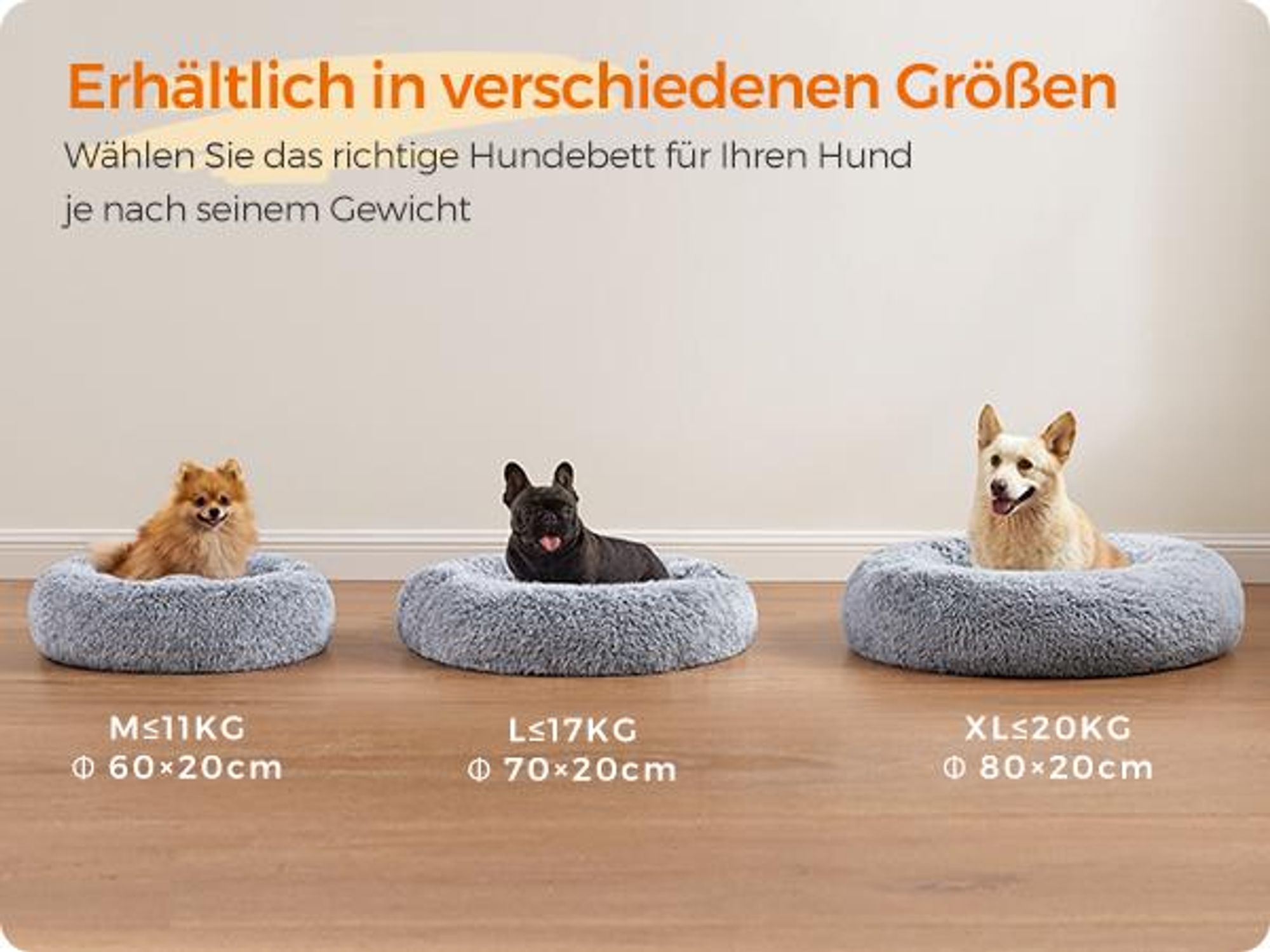 Feandrea Hundebett flauschig, Katzenbett, Donut Kissen, waschbar, Polsterung in der Mitte herausnehmbar, langer Plüsch, 70 cm Durchmesser, Ombré-Grau