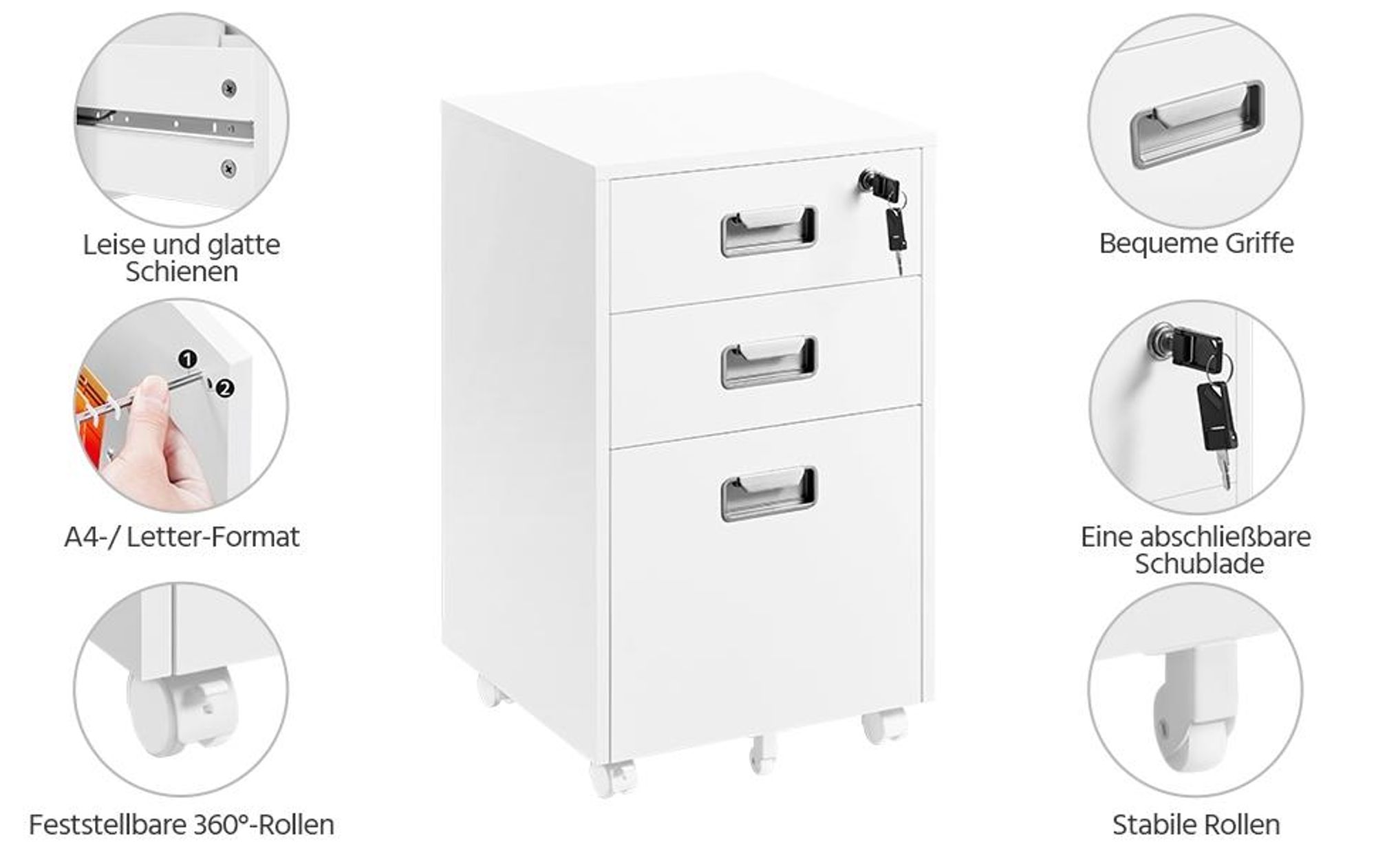 Yaheetech Mobiler Aktenschrank Rollcontainer mit 3 Schubladen und Hängeregistratur Büroschrank, Weiß