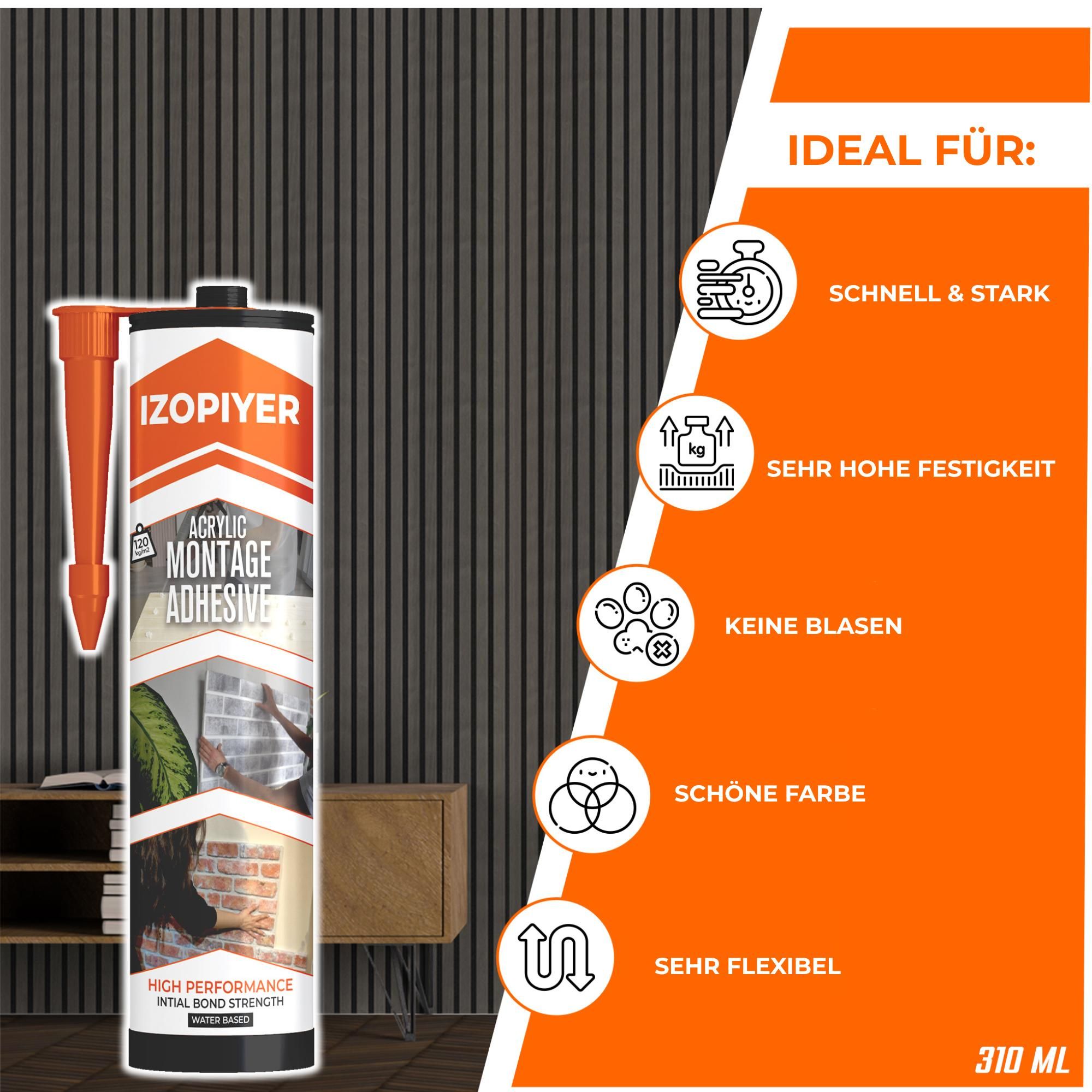 IZODEKOR Montagekleber für Wandpaneele 4 x 310 ml – Innen & Außen, wasserfest