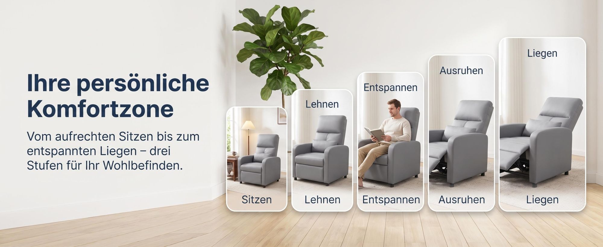 Fernsehsessel Elektrisch Grau mit liegefunktion, Elektrischer Relaxsessel mit Massage, TV Sessel Elektrisch, Liegesessel 90°–150° verstellbar, Wohnzim
