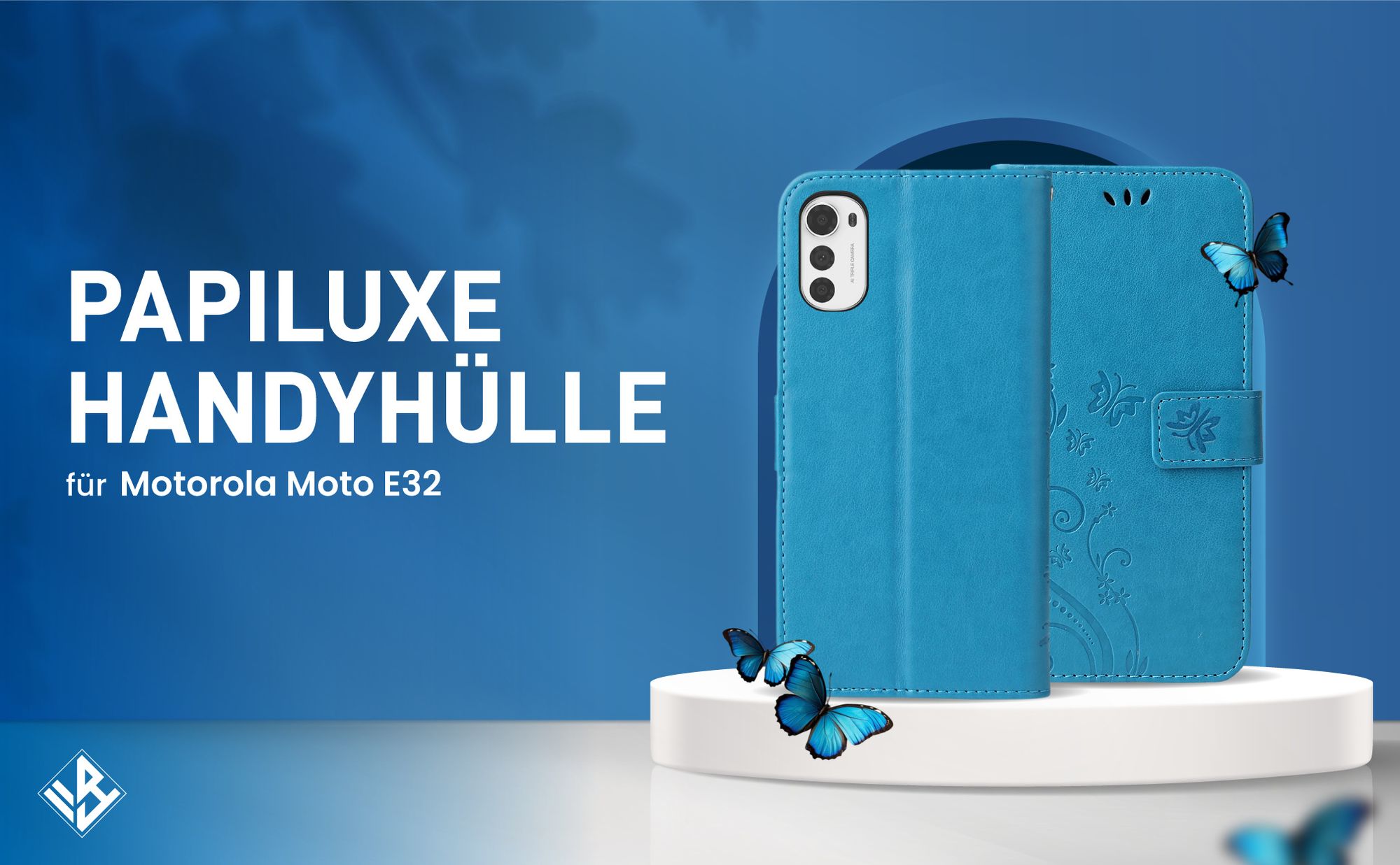 Blaue Klapphülle im Schmetterling Design für Motorola Moto E32 mit Wallet-Funktion