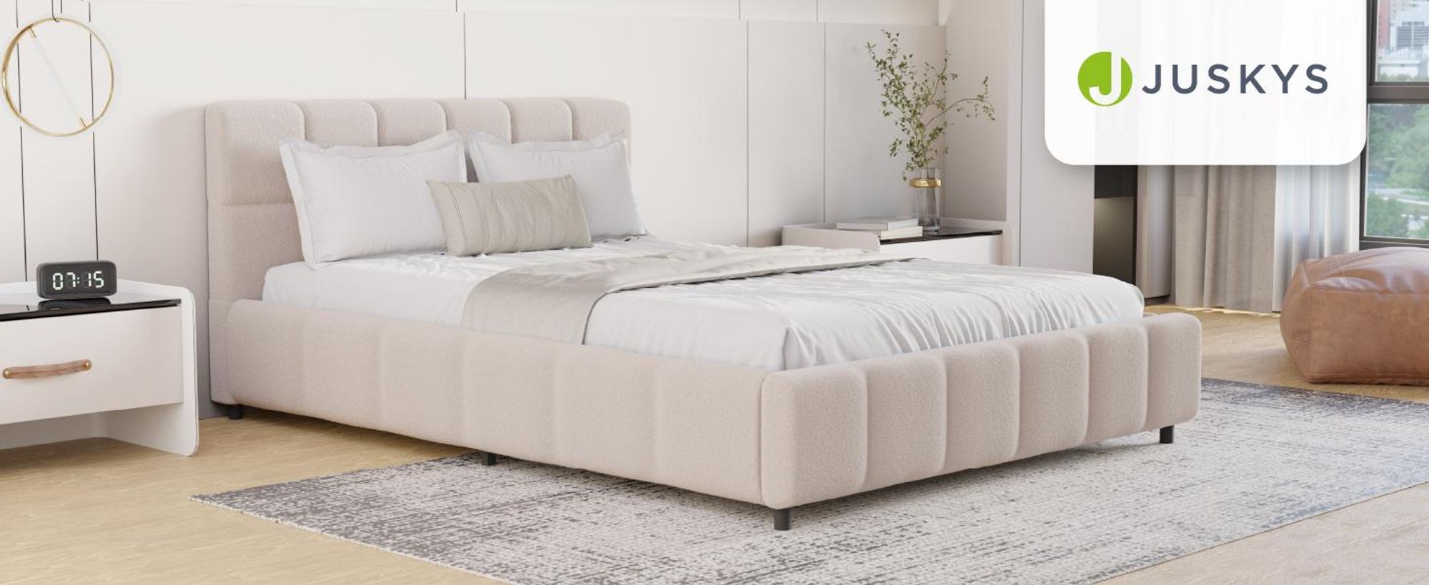 Juskys Polsterbett Florenz 140 x 200 cm mit Matratze, Bouclé, Bubble Design & modern – Beige