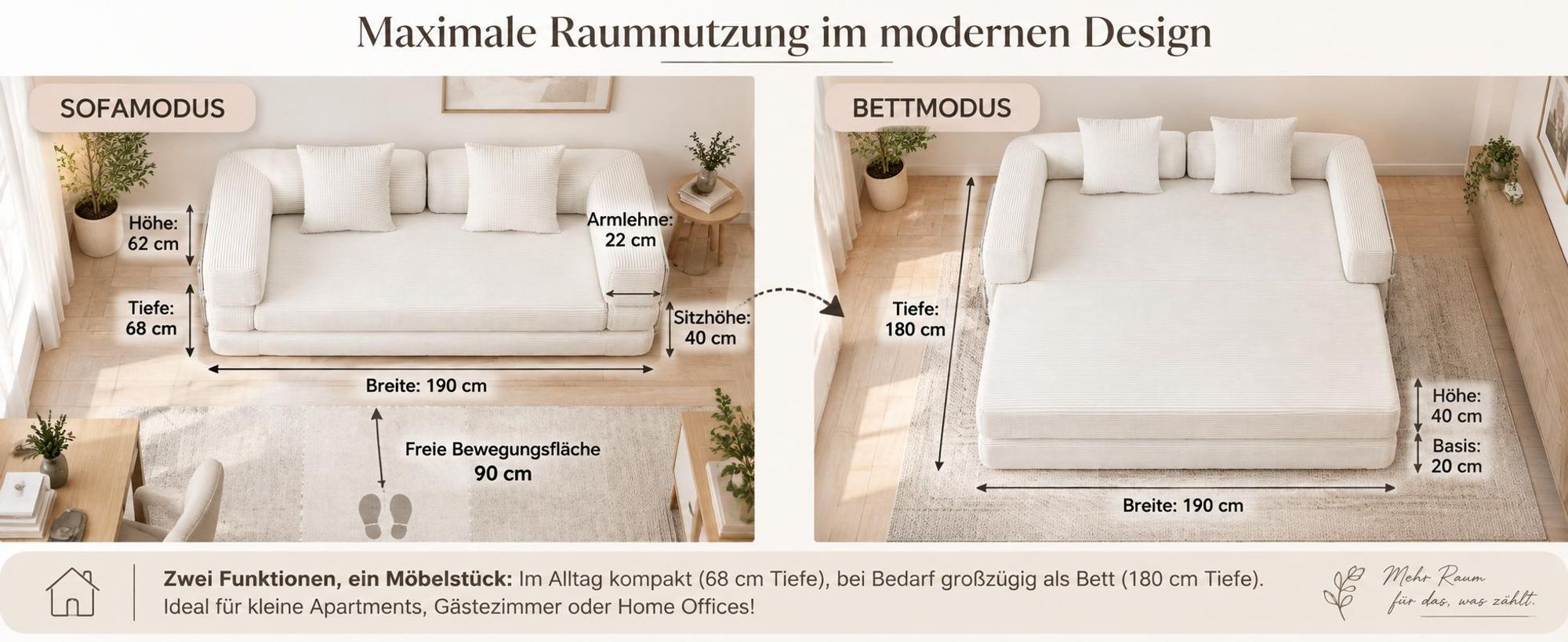 PixelPilot Schlafsofa 2-Sitzer aus Cord, ausklappbar, modular & montagefrei, weich und robust für Wohnzimmer