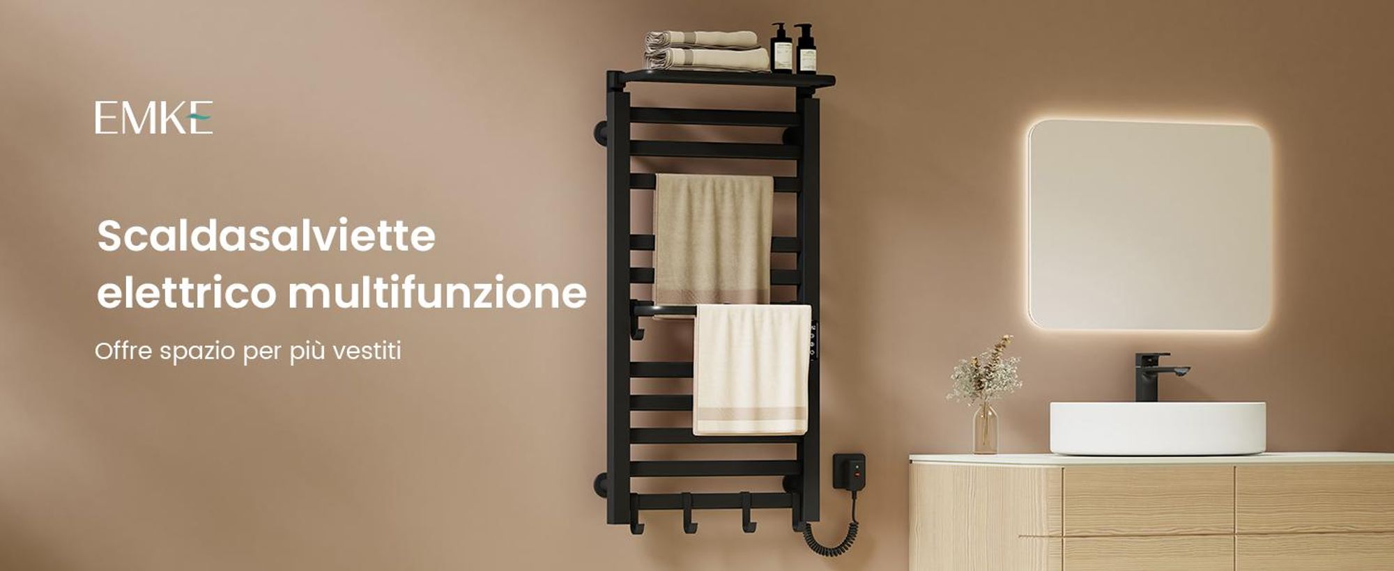 EMKE Scaldasalviette elettrico 1000x500 mm, 280W, doppia fila, tubi piatti, ripiano e ganci, WiFi Tuya Alexa, nero opaco