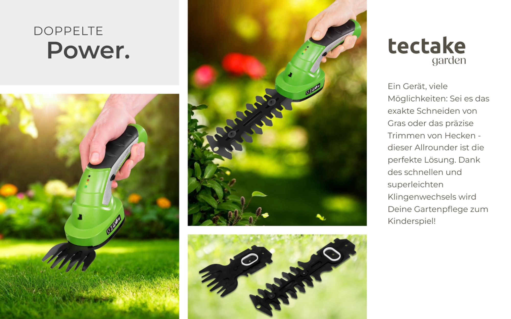 tectake® Akku Heckenschere 7,2 V mit 2 Aufsätzen inklusive Teleskopstange