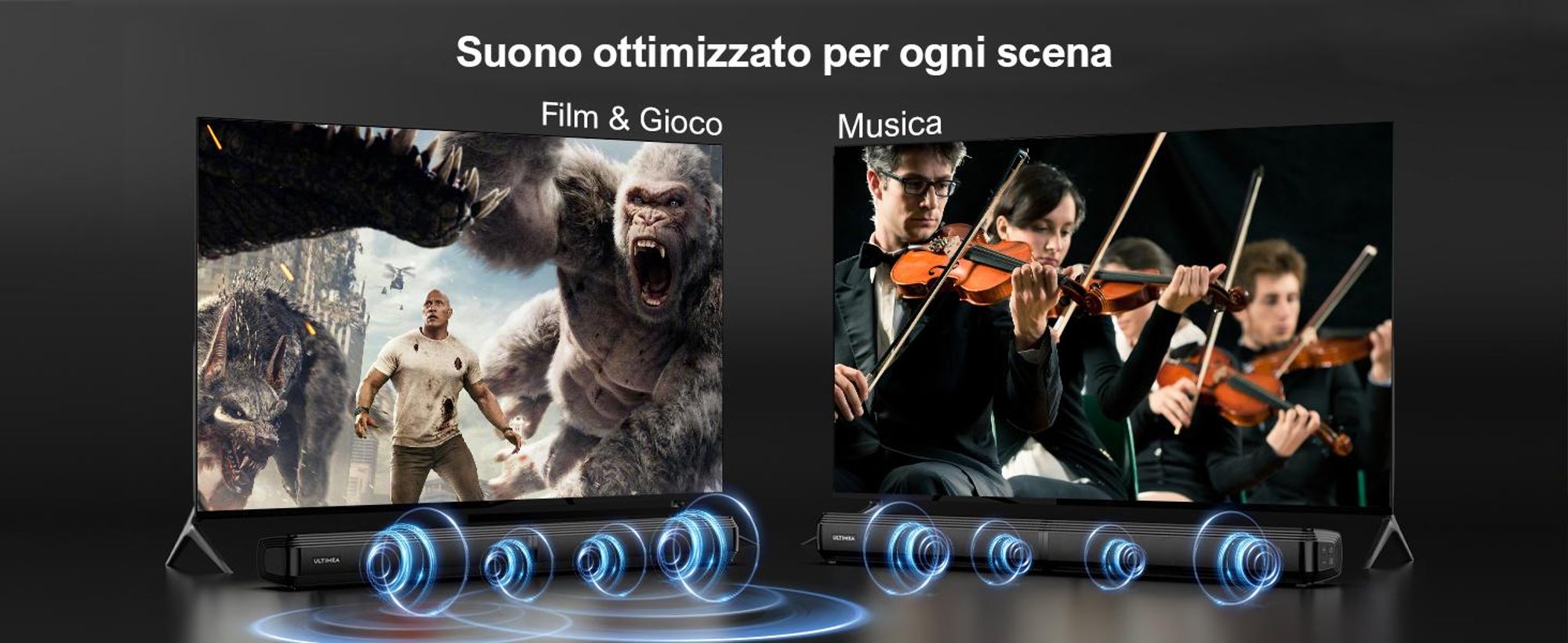 ULTIMEA Soundbar a 2.2 canali per televisori, soundbar 2-in-1 divisibile, Bluetooth® 5.3, 3 modalità EQ e bassi regolabili, ARC/Ottico/Aux, Apollo S40
