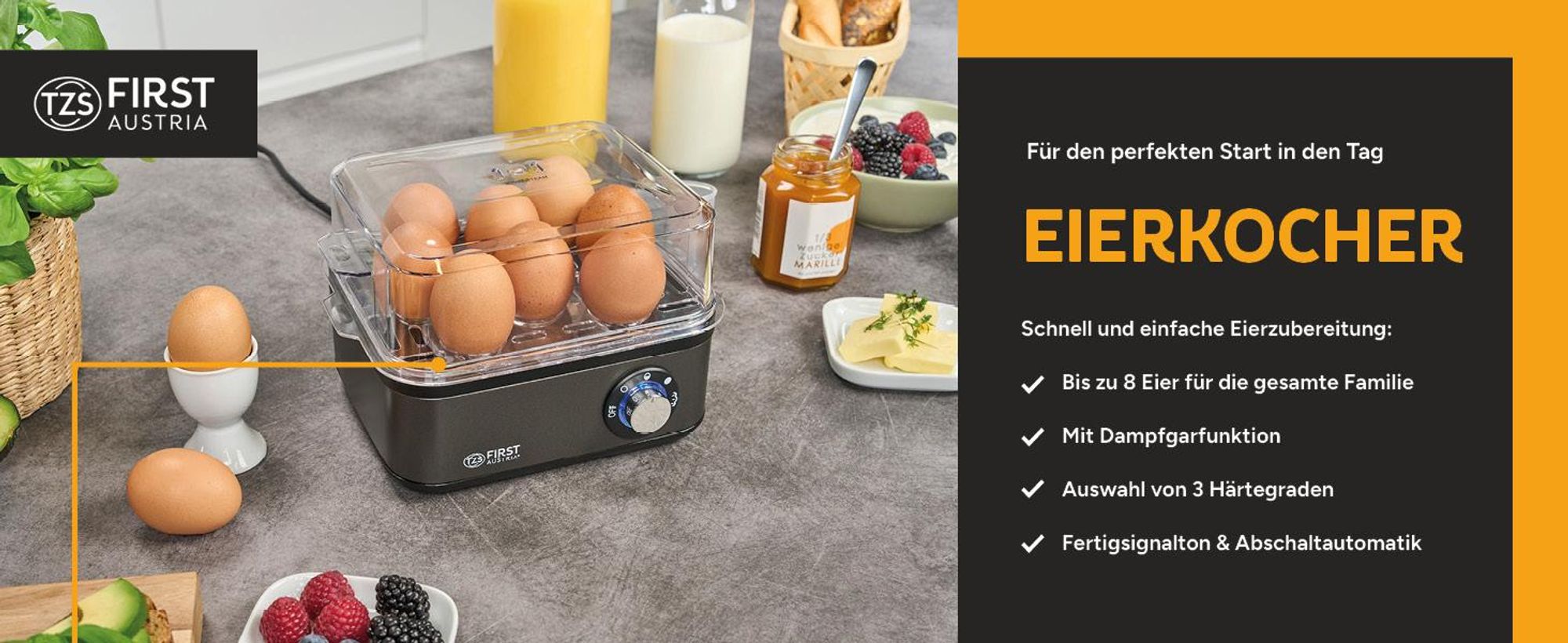 TZS First Austria Eierkocher, 8 Eier, 4 Stufen, Dampfgarfunktion, Abschaltautomatik, Signalton, Zubehör, kompakt, 500W, grau