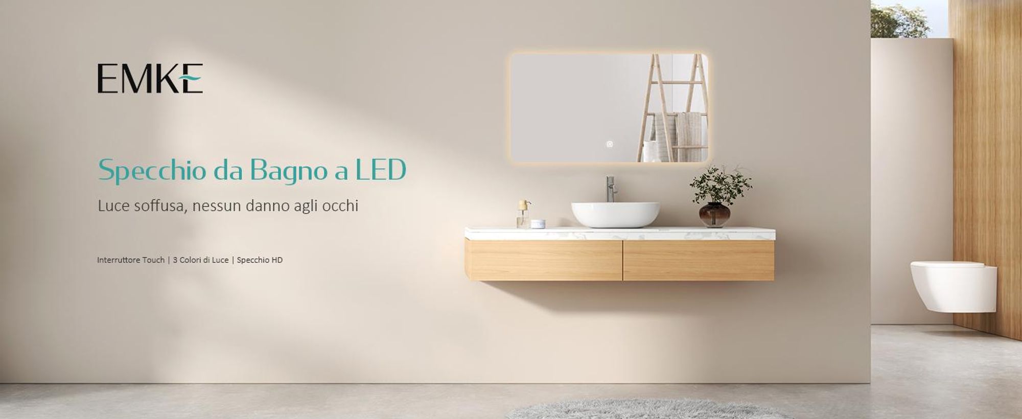 EMKE Specchio da bagno a LED 100x60cm con illuminazione 3 colori di luce bianco freddo neutro bianco caldo Specchio da bagno con interruttore a sfioramento