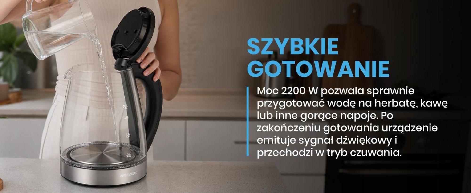 Szklany elektryczny czajnik o pojemności 1800ml i funkcją utrzymywania temperatury o mocy 2200W