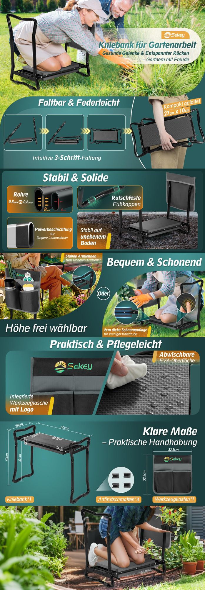 Sekey Kniebank 2 in 1 XXL Kniebank für Gartenarbeit gepolstert Gartenhocker klappbar Höhenverstellbar Gartenbank mit Werkzeugtasche 60x49x27,5cm