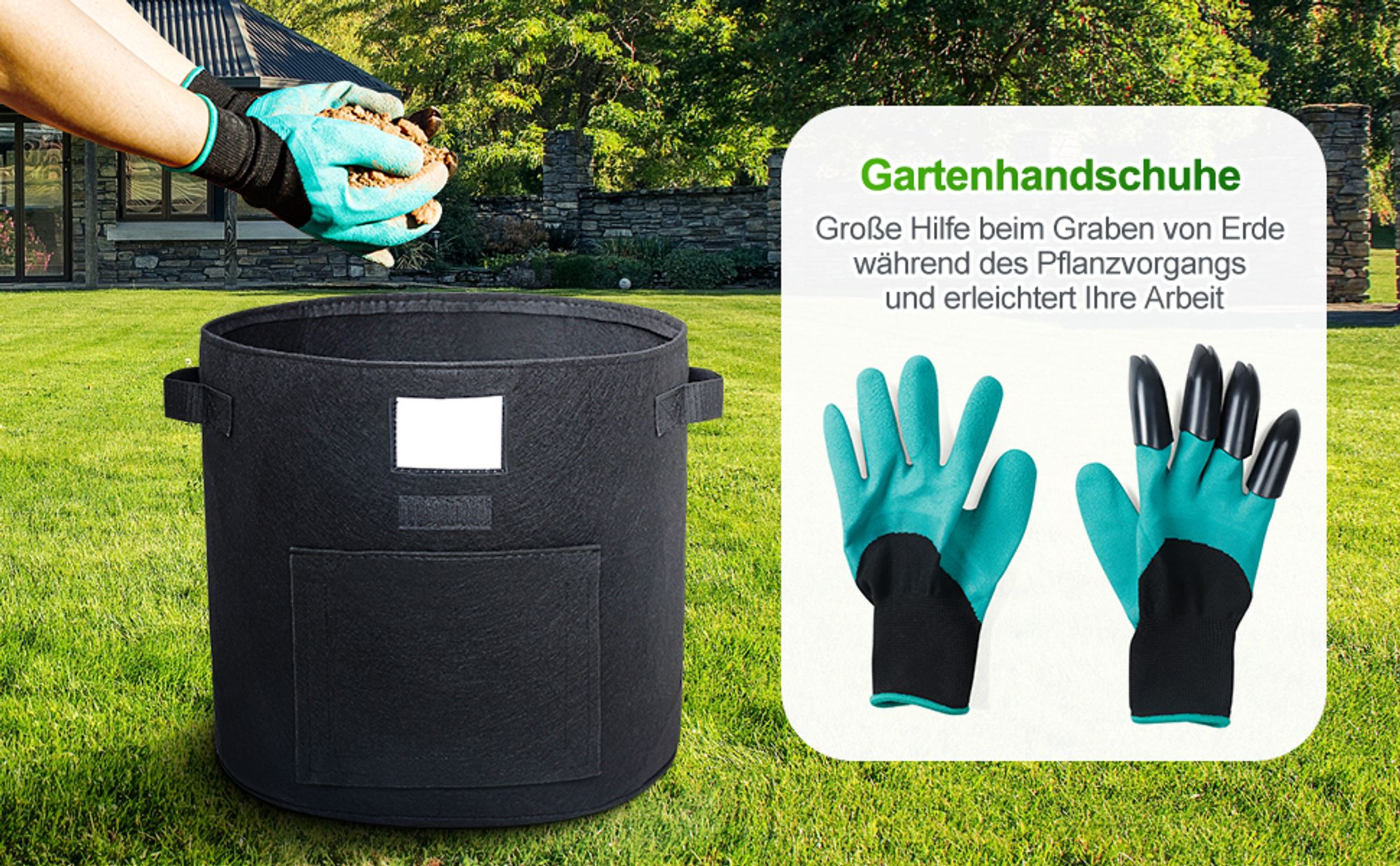 Pflanzsack 5X 60L aus Vliesstoff, Pflanzen Tasche mit 1 Gartenhandschuhe, Pflanztopf Pflanzensack für Kartoffeln,Tomaten, Blumen, Pflanzen, Gemüs