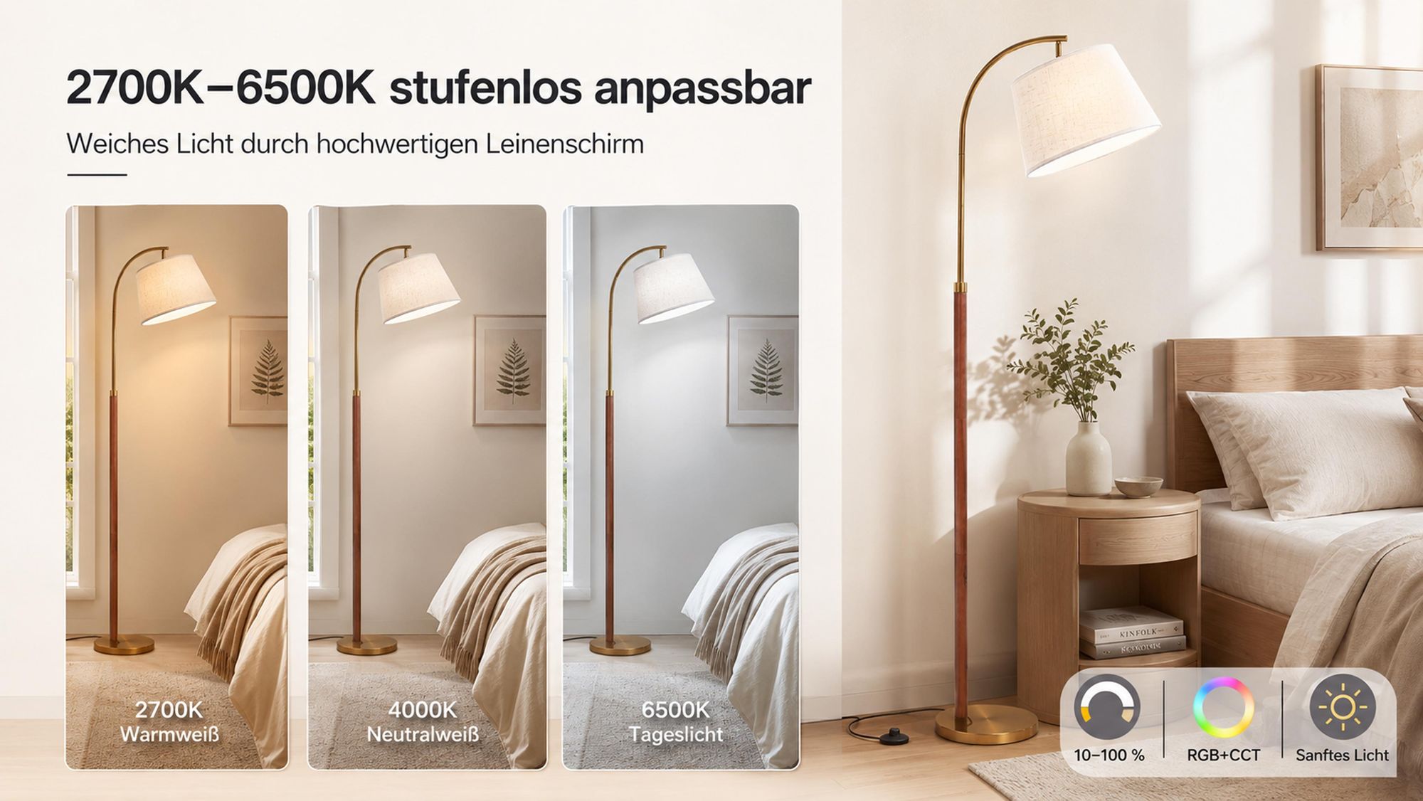 RGB Stehlampe Led Dimmbar aus Massivholz, 170cm, RGB+CCT, Smart App & Fernbedienung, Music Sync, Schwanenhals Leselampe Schlafzimmer Wohnzimmer Büro