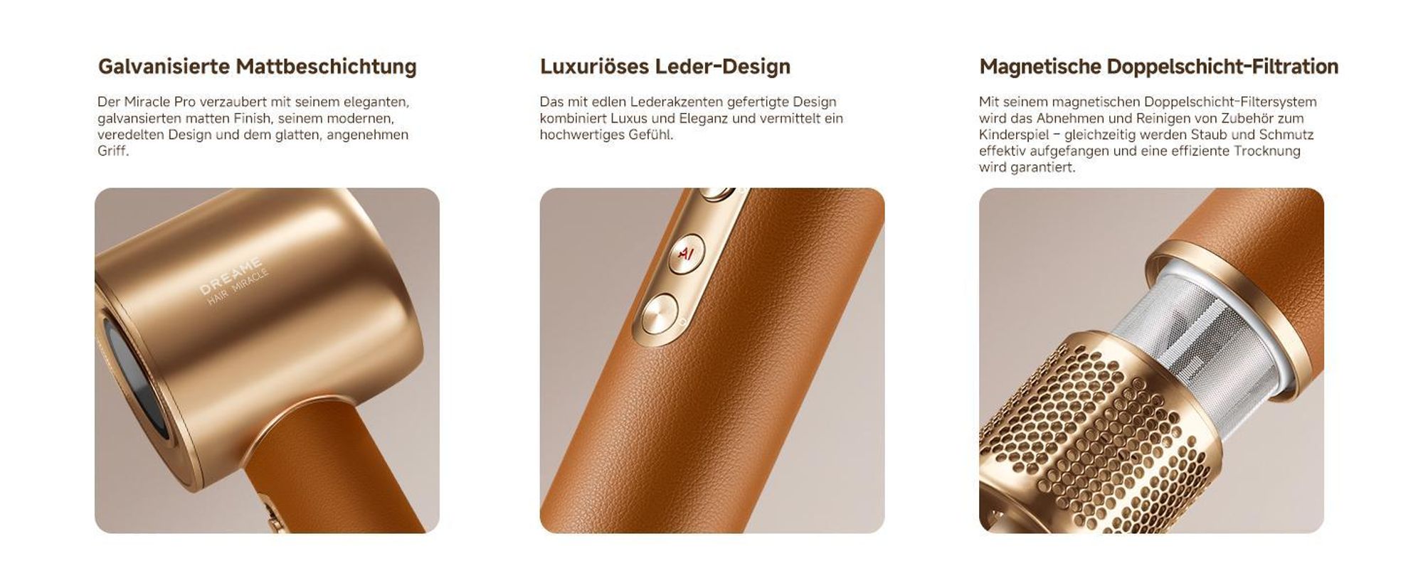 Dreame Miracle Pro Haartrockner,Rotlicht-Kopfhautpflege,Haarpflege mit negativen Ionen,130K U/min,4 Temperaturstufen,2 Gebläsestufen,Ledergriff,Gold
