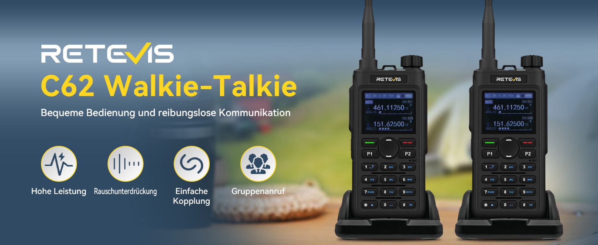 Retevis C62 Funkgeräte Dual Band, Großer Reichweite, UV-Hochleistung, LED-Bildschirm, Geräuschreduzierung, Business Walkie Talkie, für Wandern Camping
