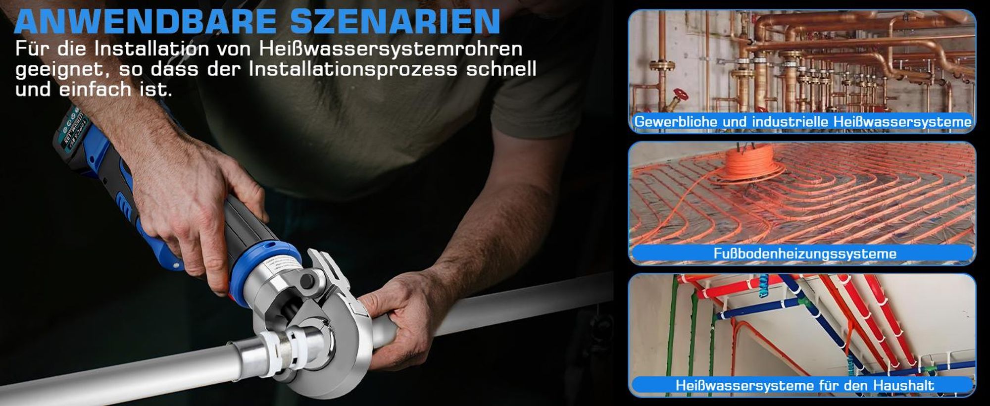 60kN Akku Presszange TH +V Kontur (TH 16 20 26 32+ V 12 15 18 22 28) mit 2x 5Ah Akku Automatische Verpressung für Kupfer-, Edelstahl- & Verbundrohre