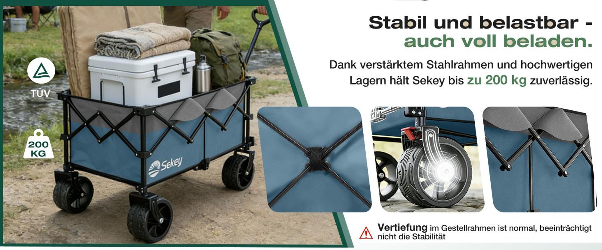 Sekey XXL Plus Bollerwagen Faltbar mit Extra Breite Räder, Faltbollerwagen belastbar 200kg Handwagen Klappbar Transportwagen, Grau und Blau