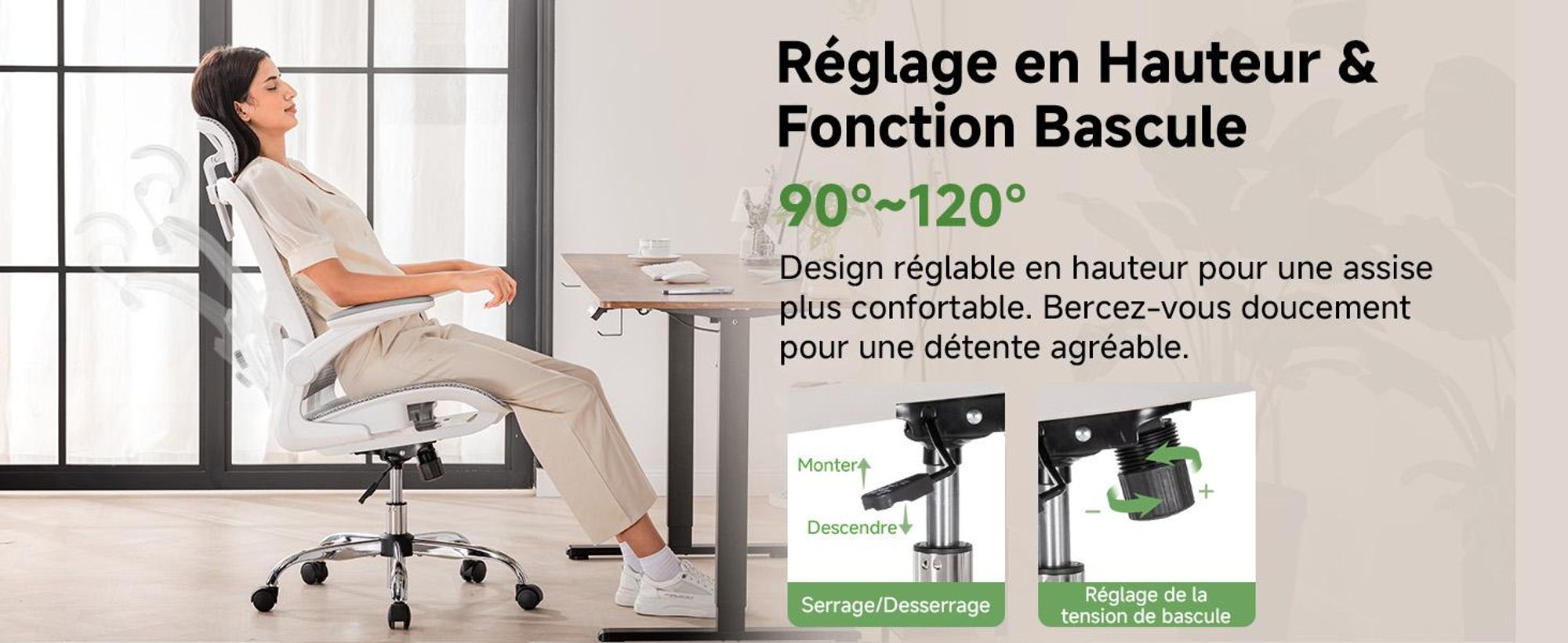 COMHOMA Chaise de bureau ergonomique, chaise de bureau avec appui-tête réglable, accoudoirs, soutien lombaire, fonction bascule, fauteuil de direction en maille, 150kg