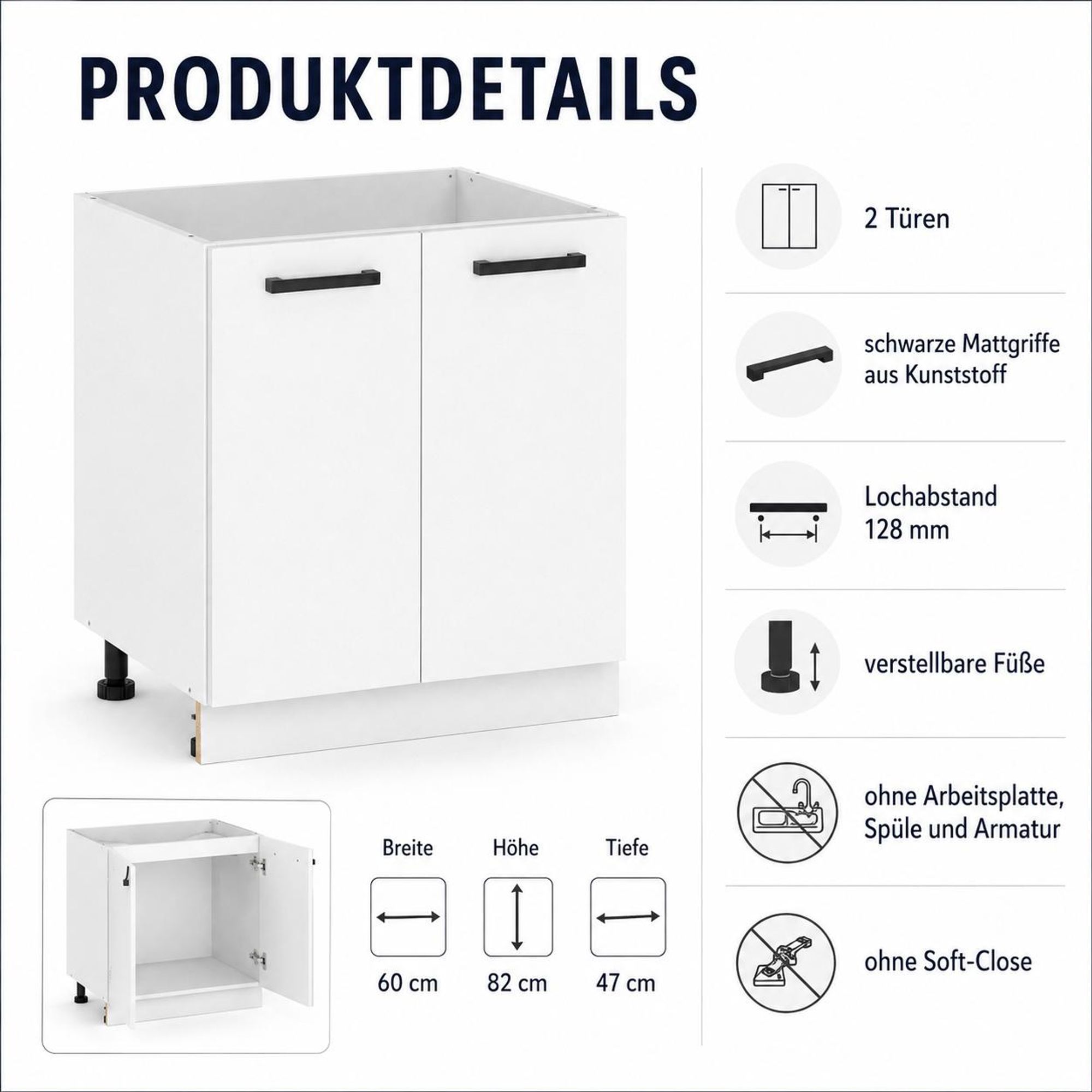 Spülenunterschrank 60 cm Anthrazit: Produktdetails, Bohrabstand 128 mm & Griffe.