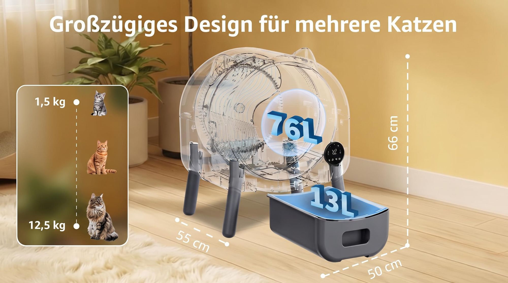 Selbstreinigende Katzentoilette 76L XXL Katzenklo mit App-Steuerung, für mehrere Katzen, 8-fach Anti-Klemm-Sensoren, geruchsarm, leise, LED-Nachtlicht