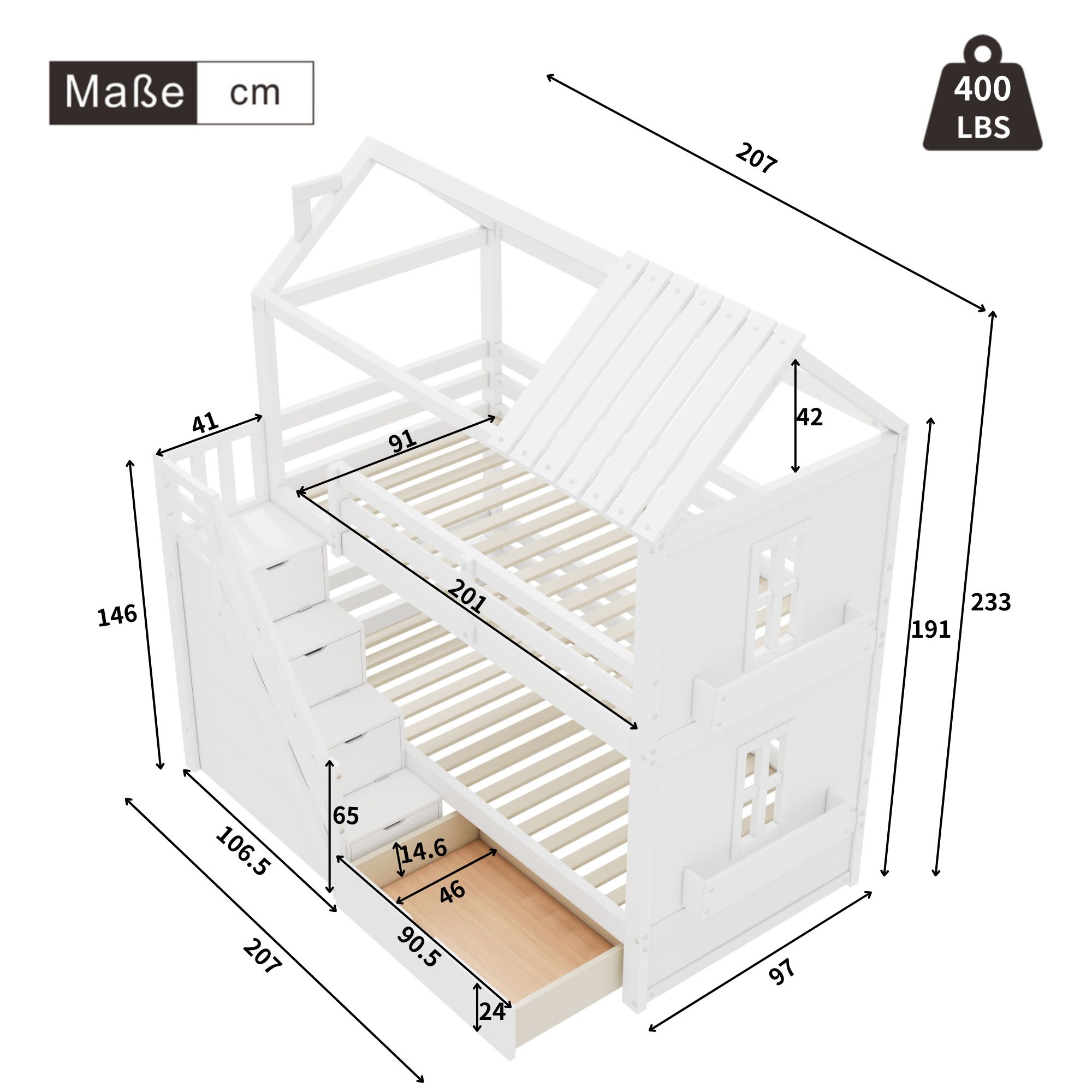 Flieks Etagenbett 90x200cm mit Schubladen, Kinderbett Hausbett mit Rausfallschutz, Hochbett mit Treppe und Ablagen, Stockbett Einzelbett, Weiß