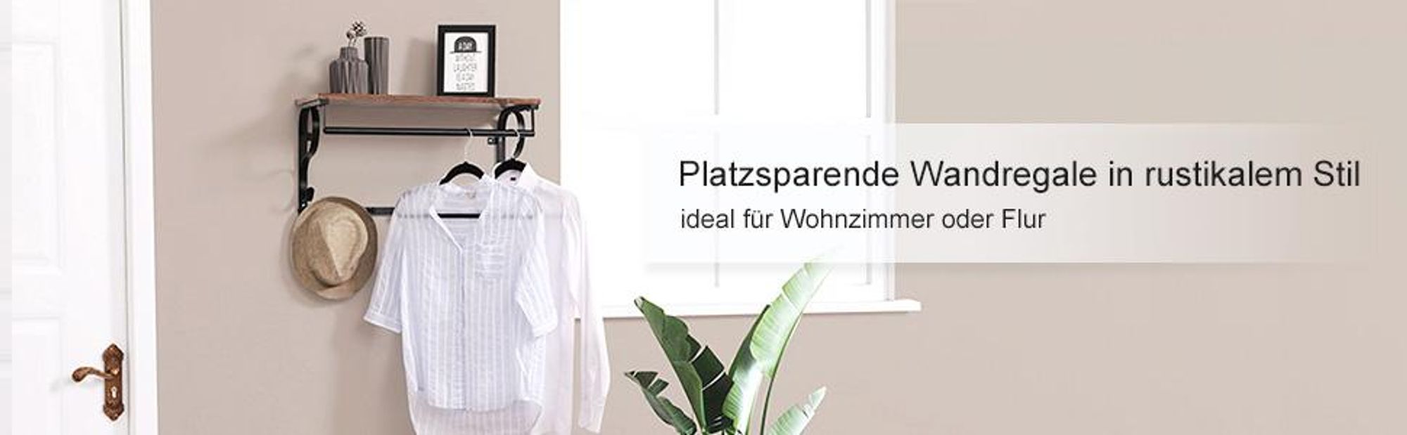 VASAGLE Wandregal mit 5 Haken, mit Hängestange, Braun