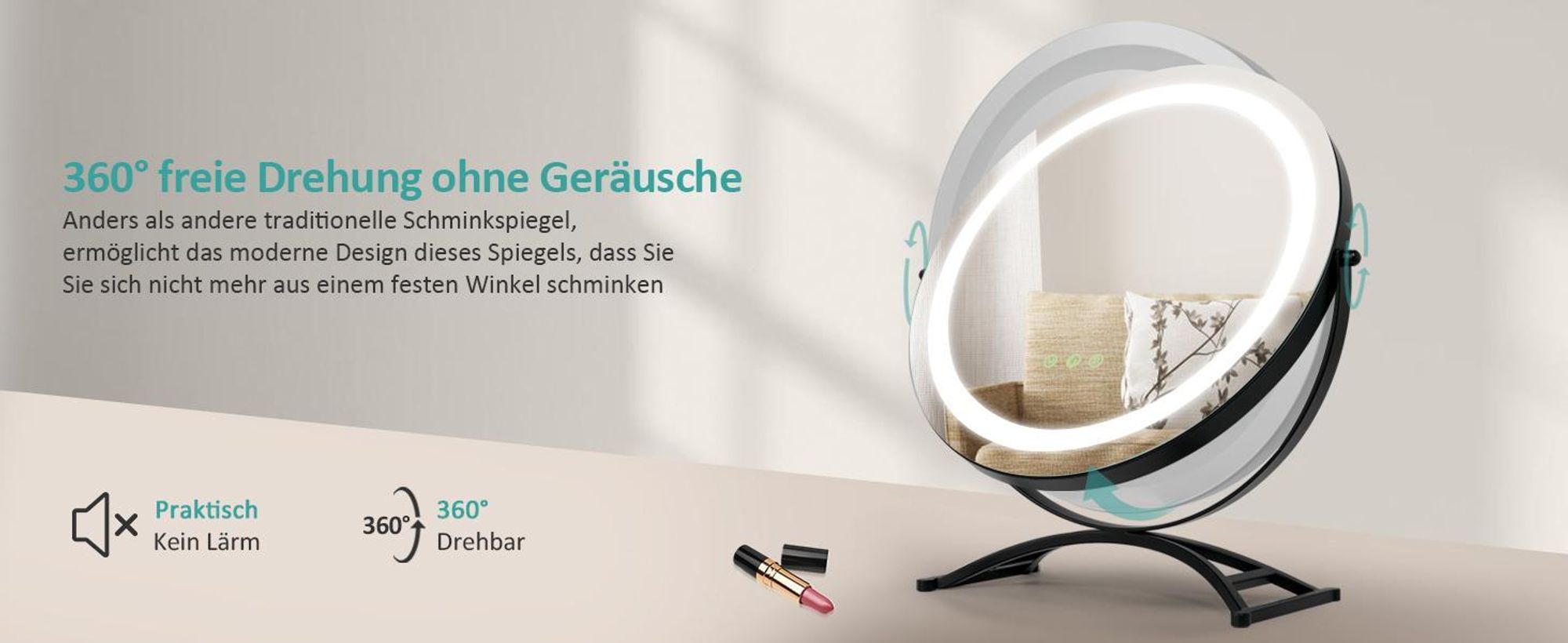 EMKE Schminkspiegel mit Beleuchtung, Hollywood Spiegel mit 3 Lichtfarben, Smart-Touch-Steuerung Schminktisch Spiegel mit Licht 360° drehbar, Einstellbare Helligkeit und Memory-Funktion (Φ400mm, Schwarz)