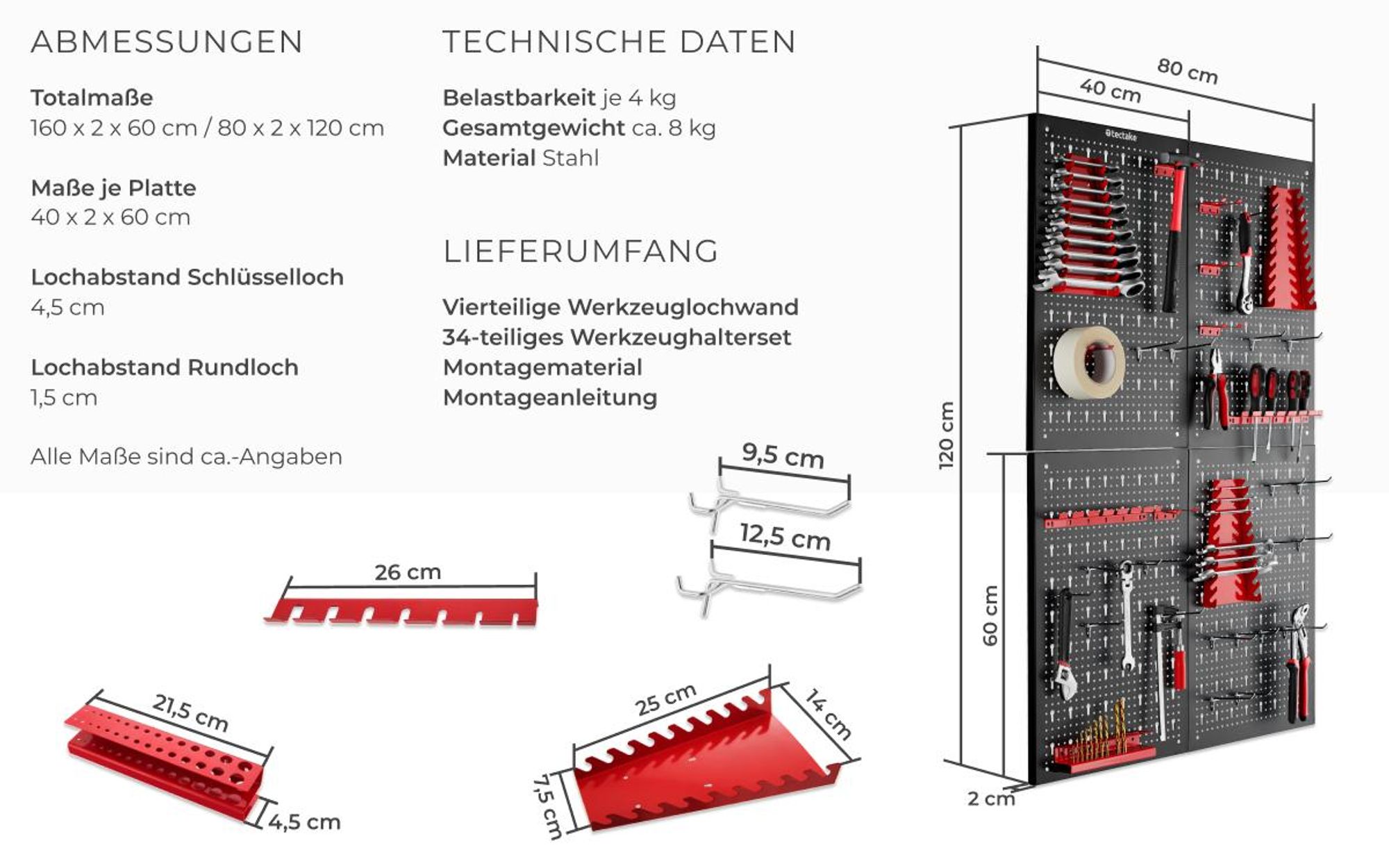 tectake® Werkzeuglochwand Jonah vierteilig Belastbarkeit 4 kg pro Platte