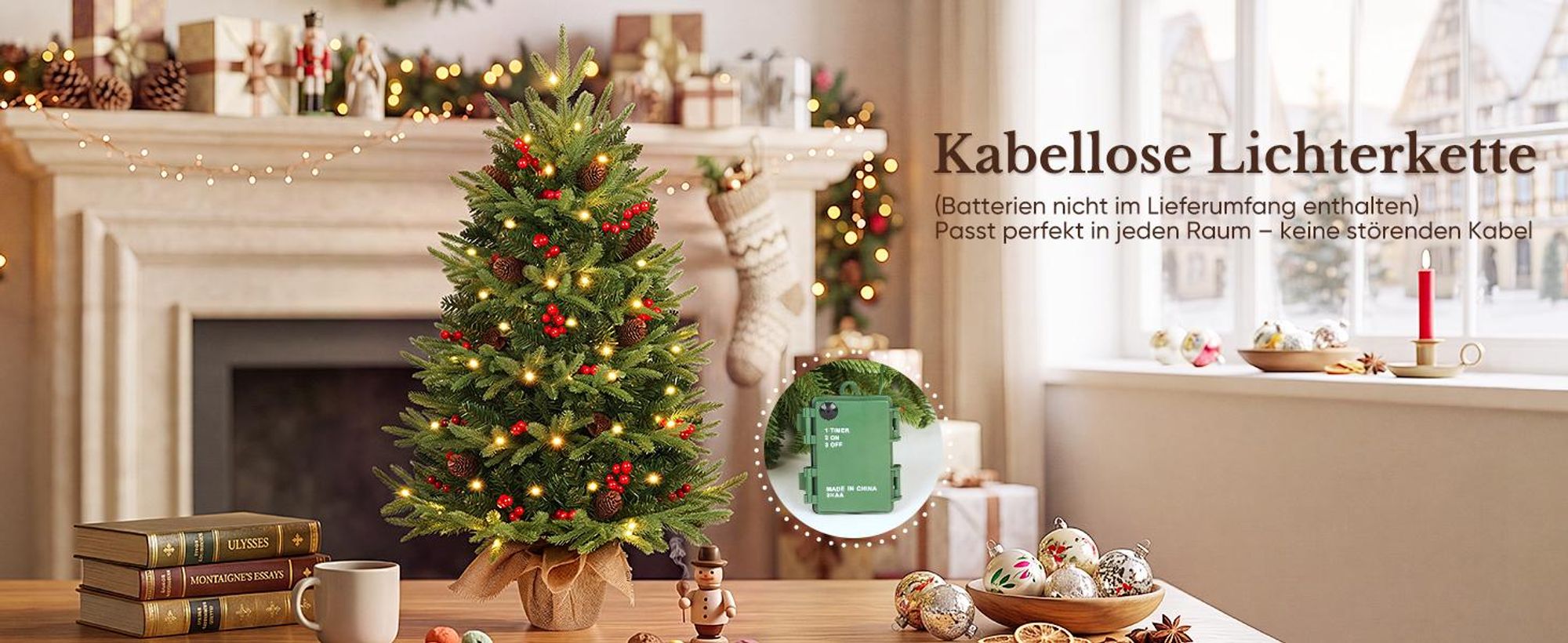 HOKEEPER Künstlicher Weihnachtsbaum 90 cm mit LED, Zapfen & Beeren