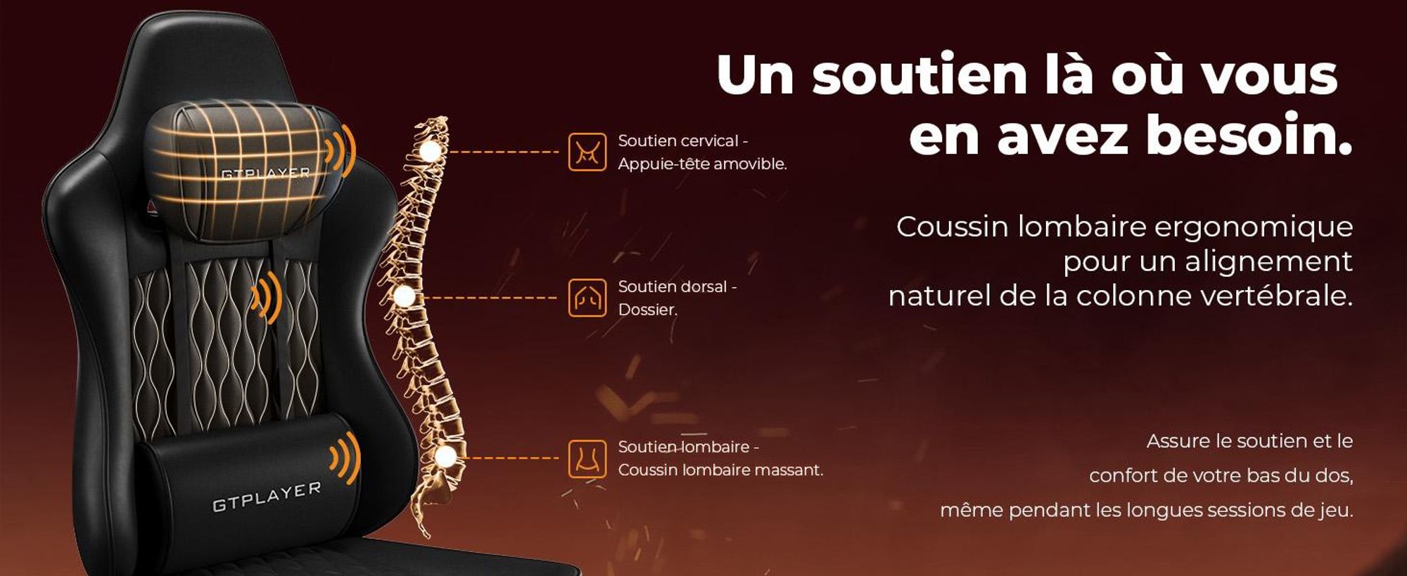 Fauteuil gaming GTPLAYER, fauteuil de bureau, fauteuil PC ergonomique, fauteuil pivotant réglable en hauteur, accoudoirs avec mécanisme synchrone, coussin lombaire, appui-tête