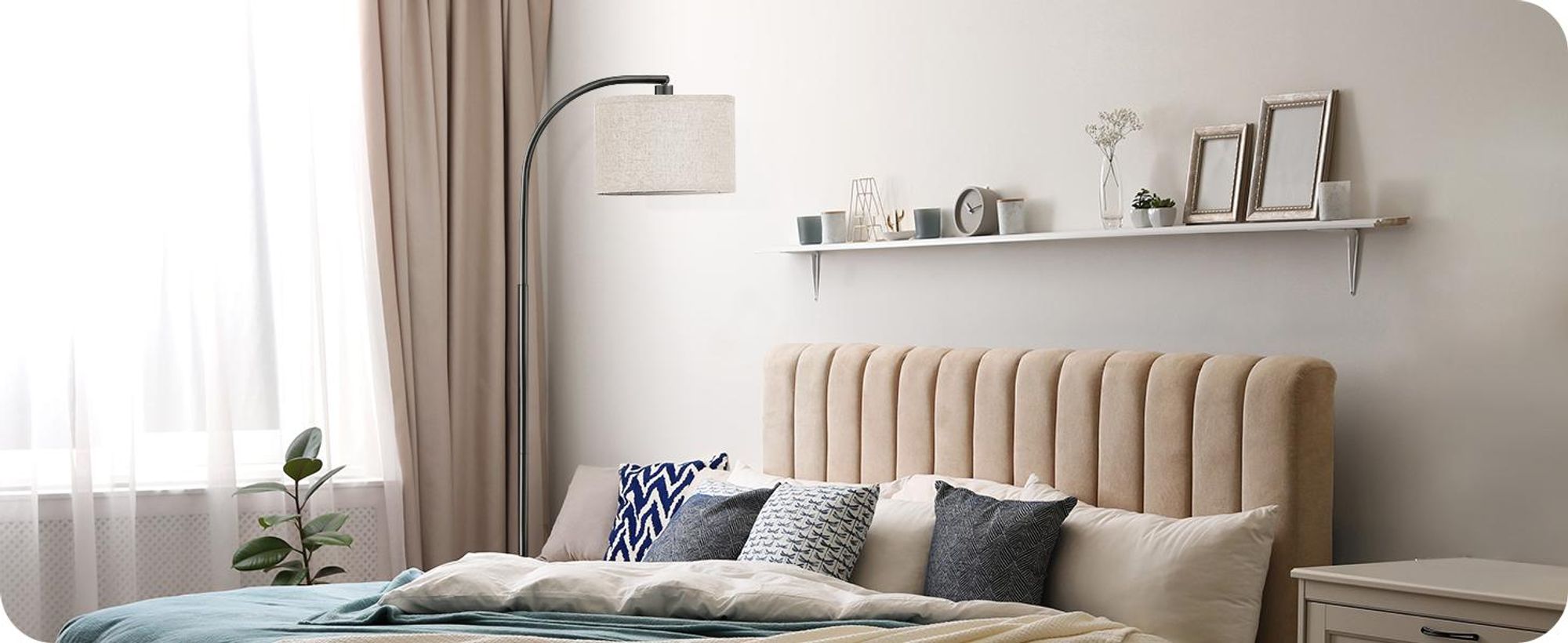 EDISHINE Bogenlampe Stehlampe mit Verstellem & LED Glühbirne & Fußschalter, Bogenleuchte mit Beigen Leinen-Lampenschirm